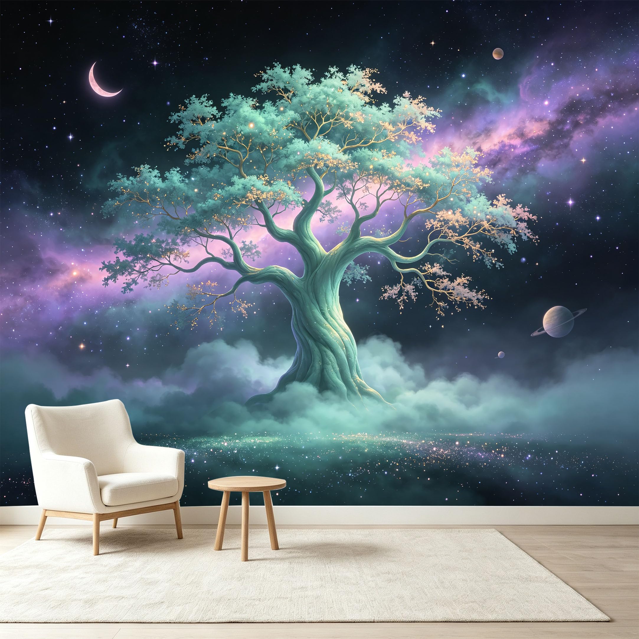 Custom Size Wall Murals Cosmic Ancient Tree Nebula Energy Galaxy Self-Adhesive Wall Fabric Removable Wallpaper Wall Decor for Living Room Bedroom Bathroom