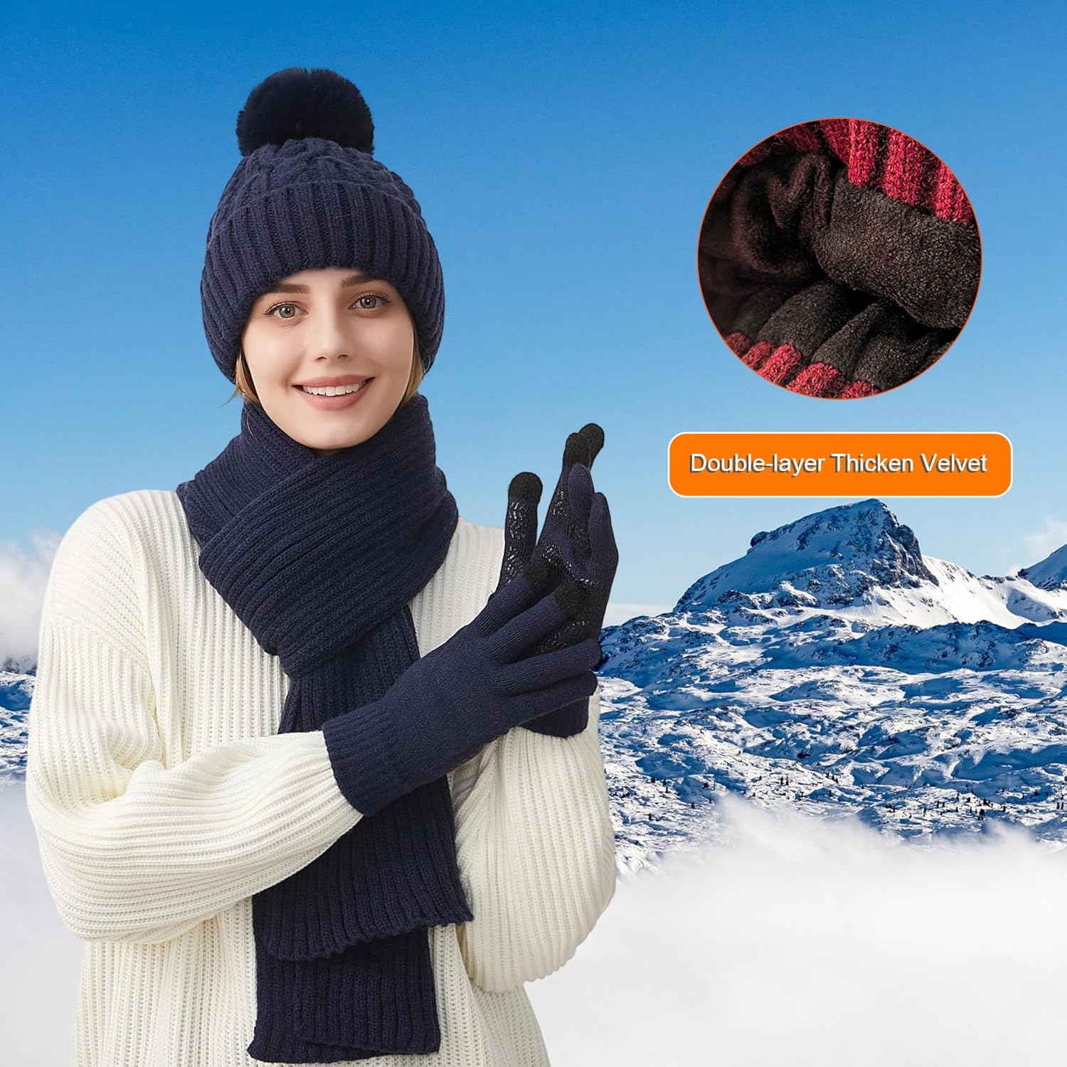 Women Winter Beanie Hat Circle Scarf Set Pompoms Peruvian Ski Snow Ear Flaps Cold Weather Warm Sherpa Knit Hats Fleece Lined - Image 4