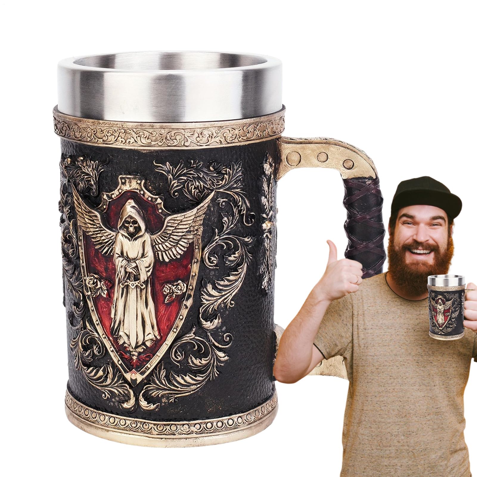 Generico Chope à bière en forme de crâne, tasse à bière réutilisable, 500 ml en acier inoxydable, taverne portable pour anniversaire, Noël et Thanksgiving