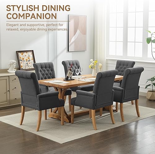 Miniatura 7 de Silla de comedor de tela con brazos, sillas de comedor tapizadas con respaldo alto, sillón decorativo con patas de madera maciza y ribete de cabeza