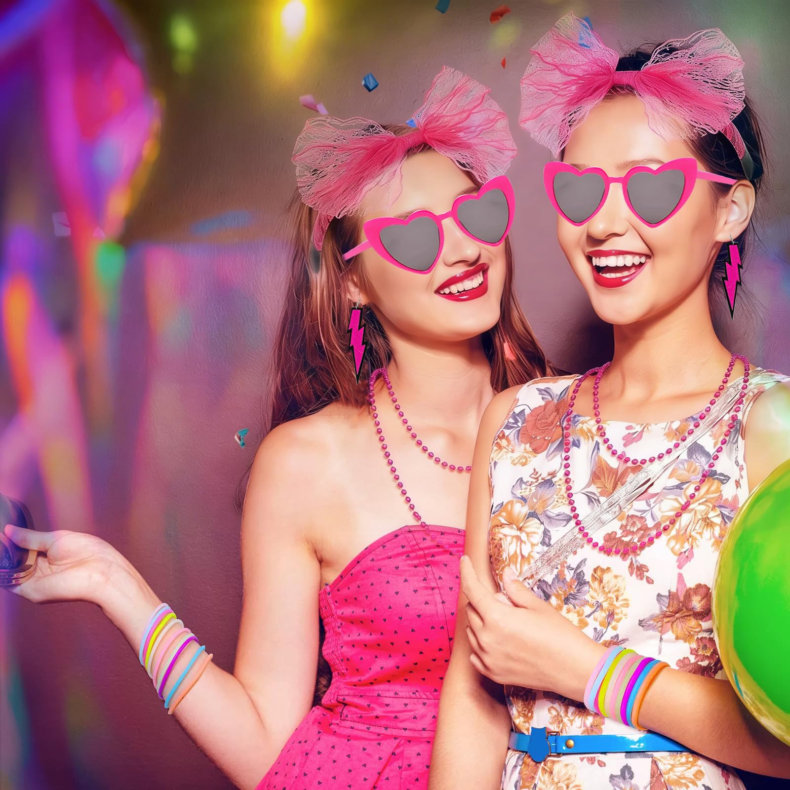 Accesorios Disfraz Años 80 Mujer, Guantes Rejilla Riñonera Gafas Corazón Retro Fiestas Neón Carnaval Halloween Rosa