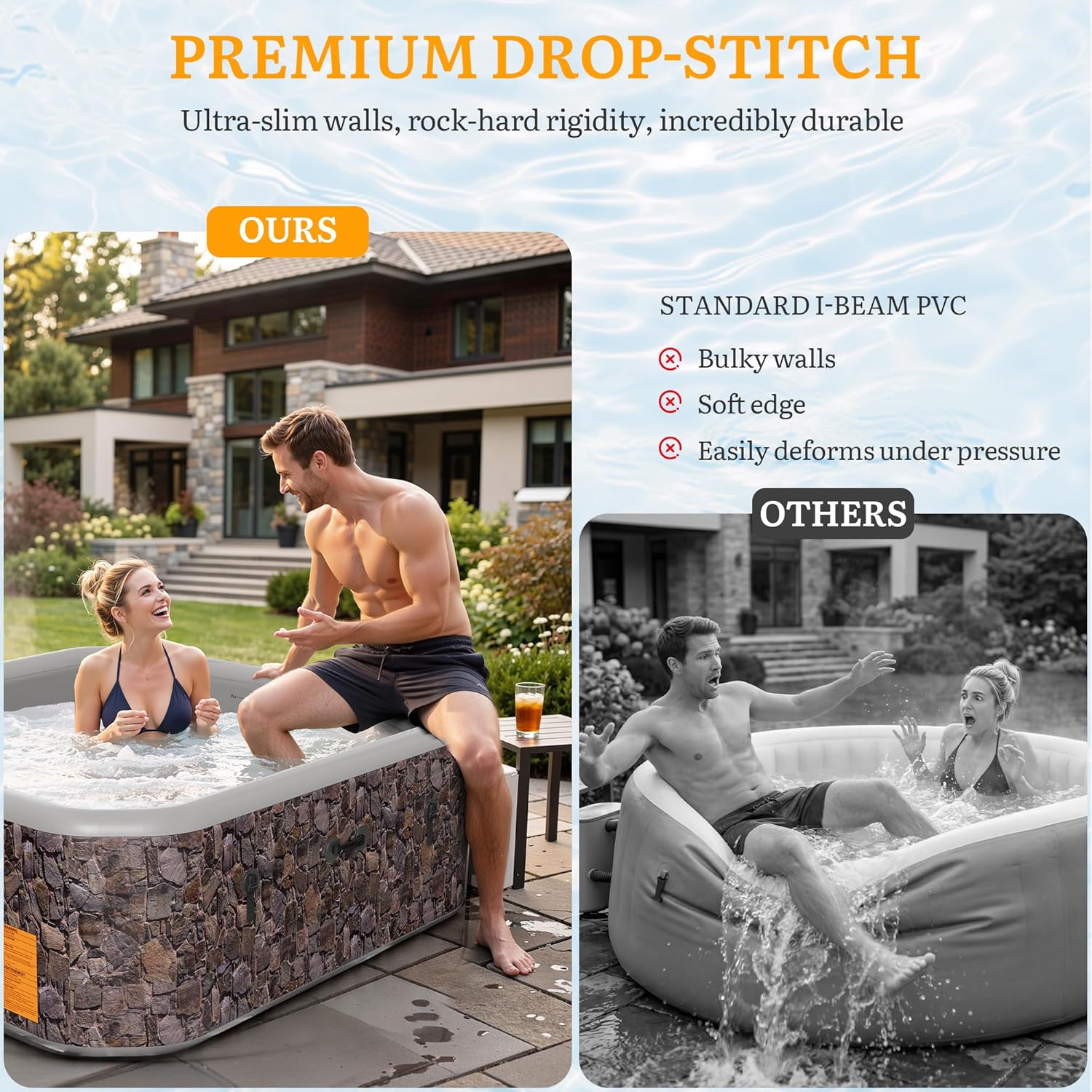 77" Premium Drop-Stitch Inflatable Hot Tub for 6 Person, Rigid Portable Outdoor Spa with 180 Massage Jets, Smart Heating Pump, Foil-Lined Thermal Cover, Square, Natural Stone