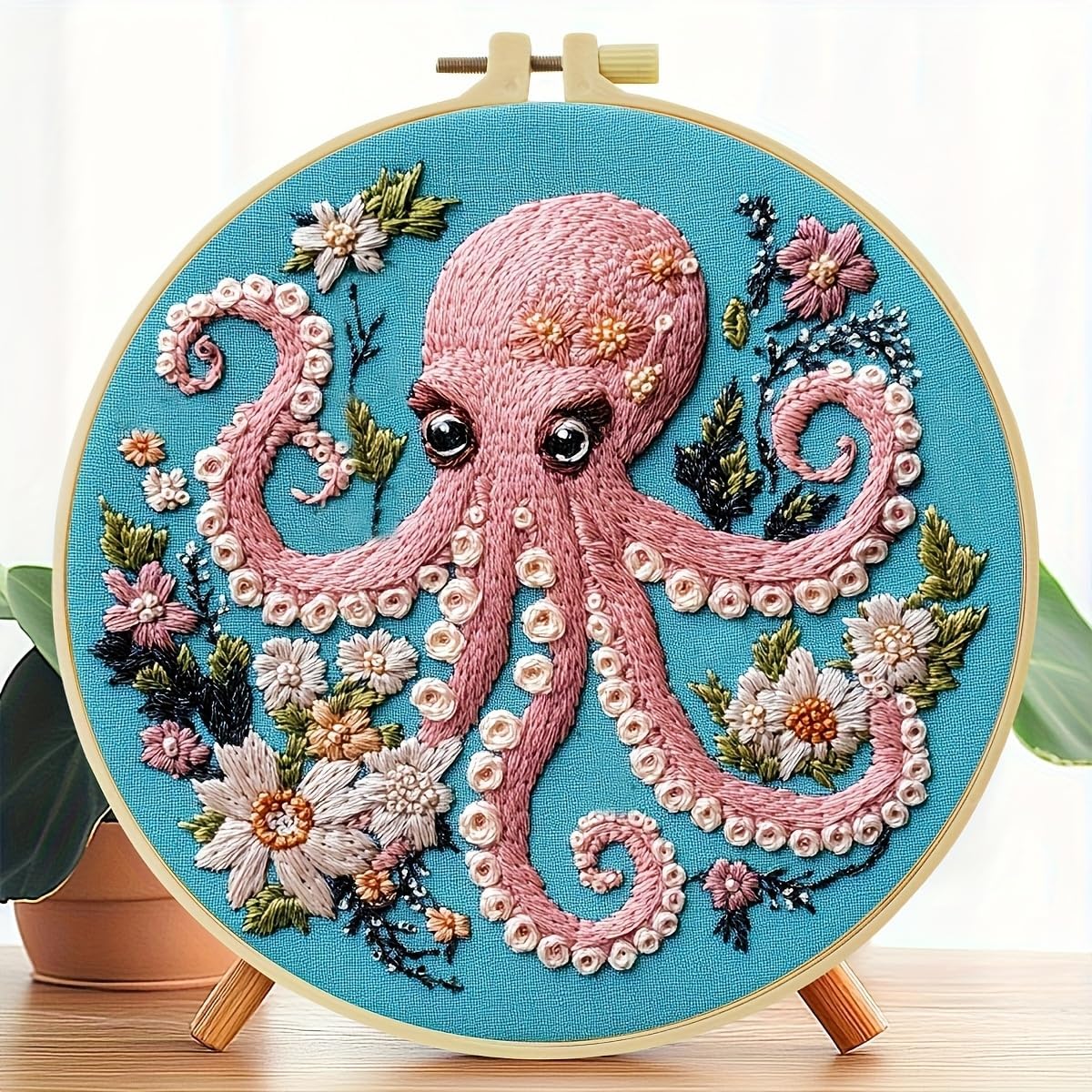 DIY Stamped Embroidery Starters Kits Soft and cute pink octopus with Pattern for Beginners Hoops Cloth Threads Needlework Art Cross Stitch Kits Craft for Adults Students Home Decoration,20x20cm