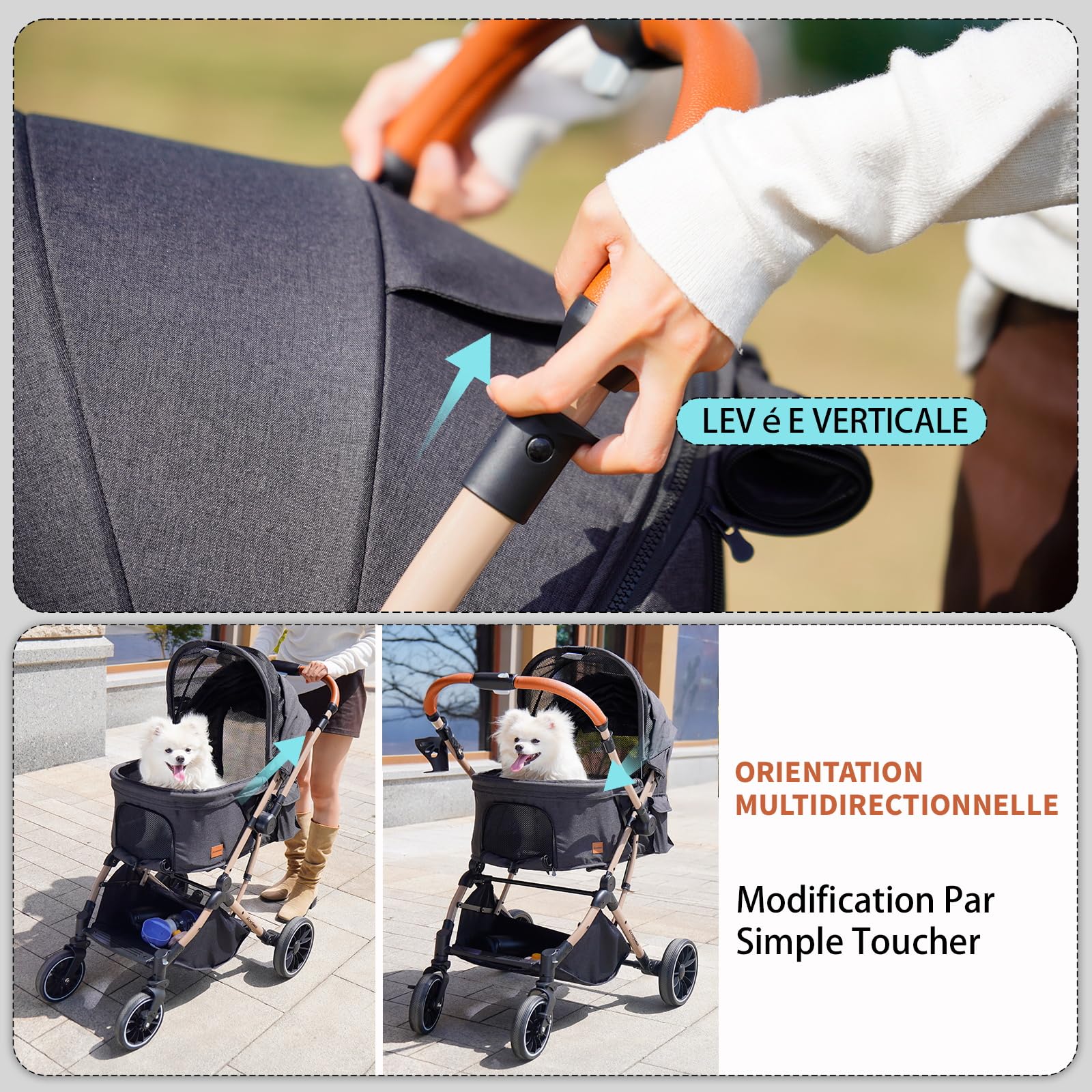 EchoSmile Poussette Pour Chien Pliable en un Bouton, Poussette Chien 20kg Tout Terrain avec Poignée Réversible, Absorption Des chocs et Coussinet Amovible Lavable (Noir)