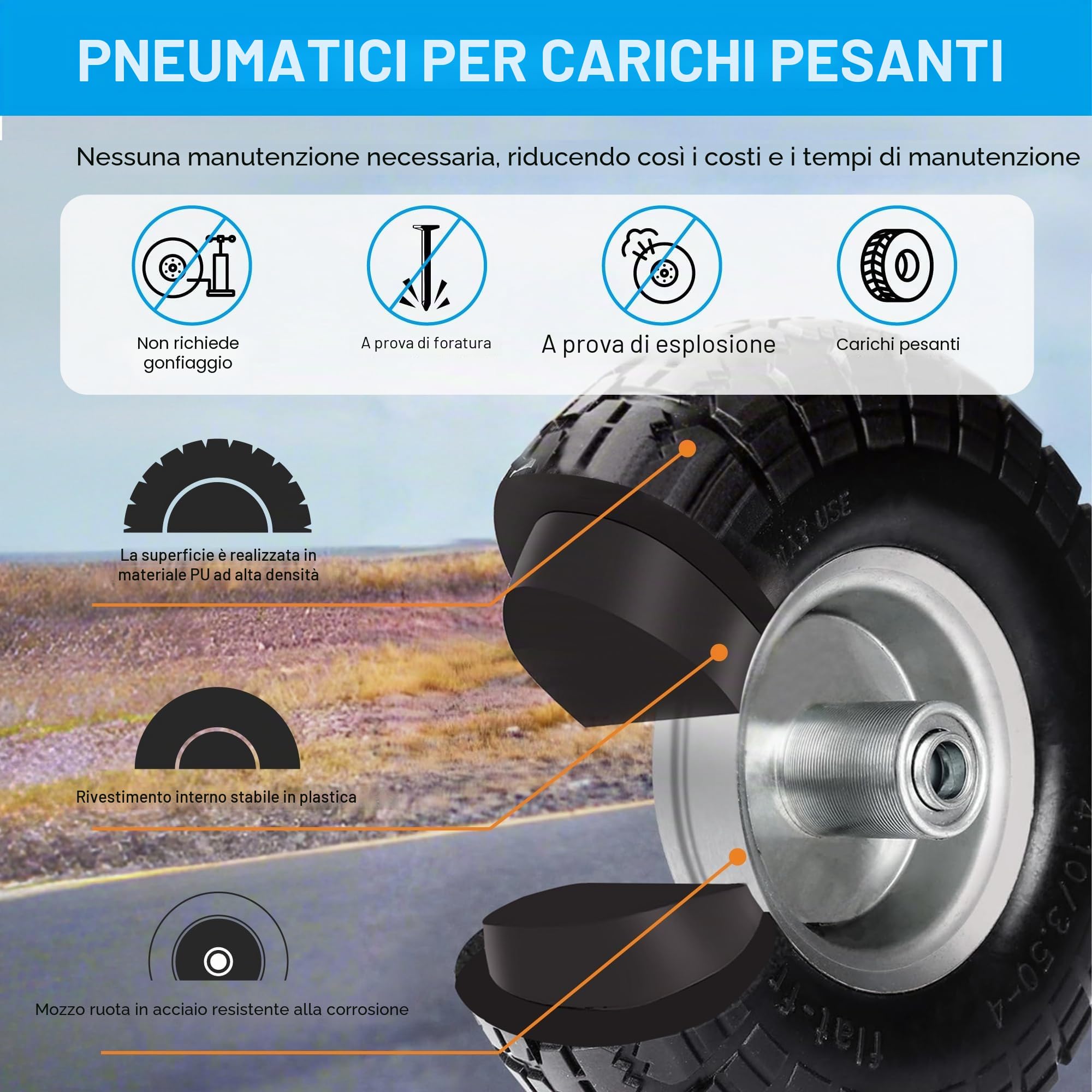 Ruote per carrello: set di 2 pneumatici in gomma piena 4.10 3.50-4, ruote di ricambio per carretto da trasporto 260 x 85 mm, (mozzo da 20 mm)