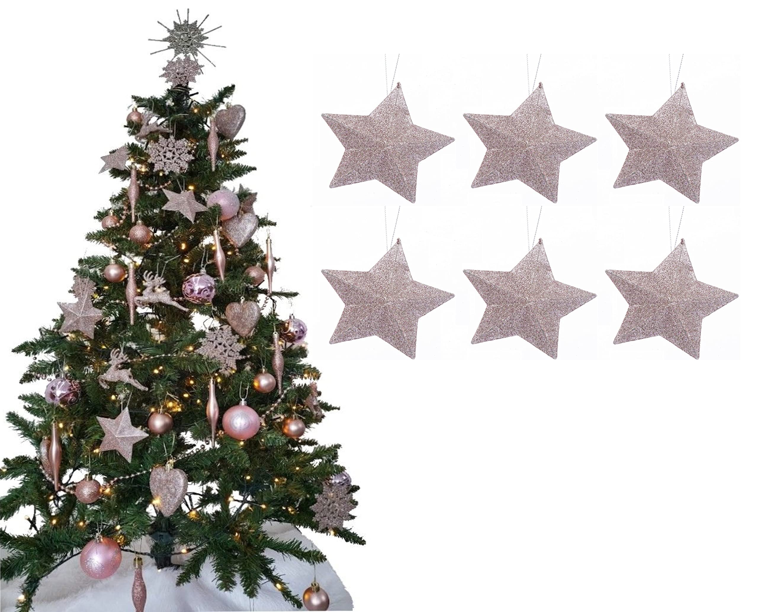 Simply Products Rose Gold Pack Of 6-8Cm 3D Glitter Star Baubles Christmas Tree Decorations (Rose Gold)