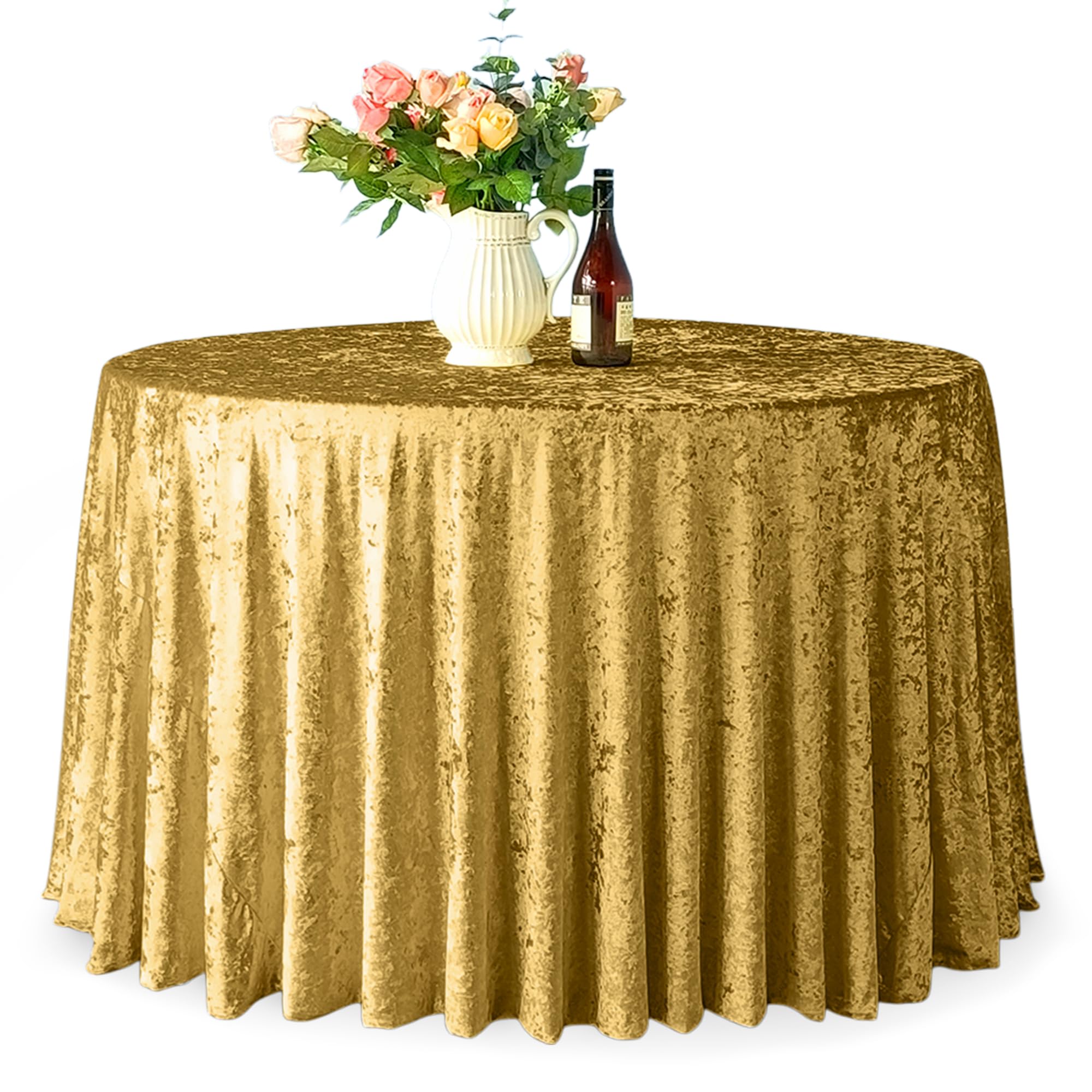 WedDecor Premium Crushed Velvet Tablecloth, 120" Gold Round Dining Glitz Soft Fabric Tablecover For Kitchen Wedding Banquet & Special Events Party Table Decoration, Pack of 5 — image 1