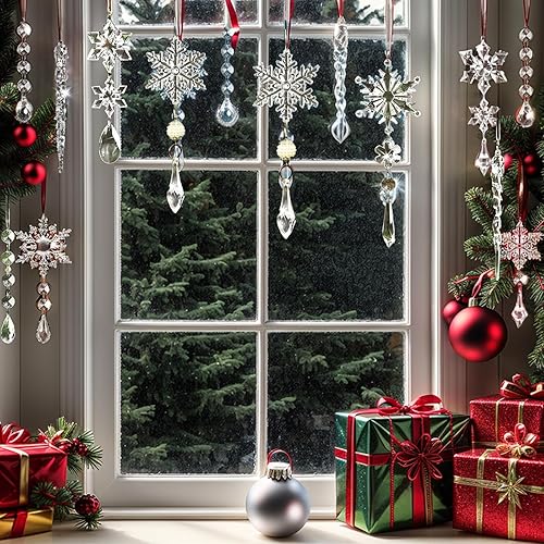 Miniatura 5 de Adornos de copo de nieve de cristal, 10 adornos de Navidad de cristal, incluyendo copos de nieve acrílicos y adornos de carámbano con colgantes para