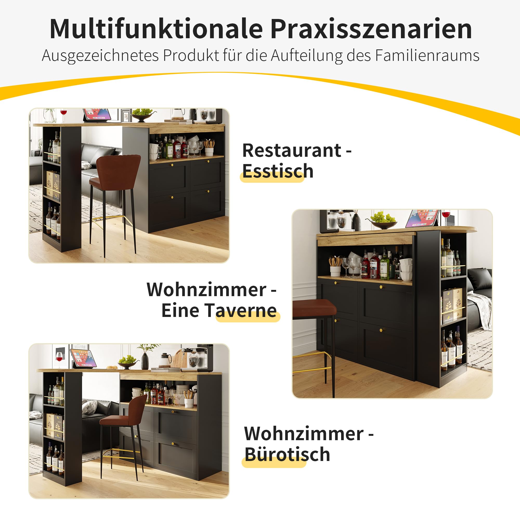 360° drehbarer Stehtisch mit 4 Schubladen und offenen Ablagen (Schwarz)