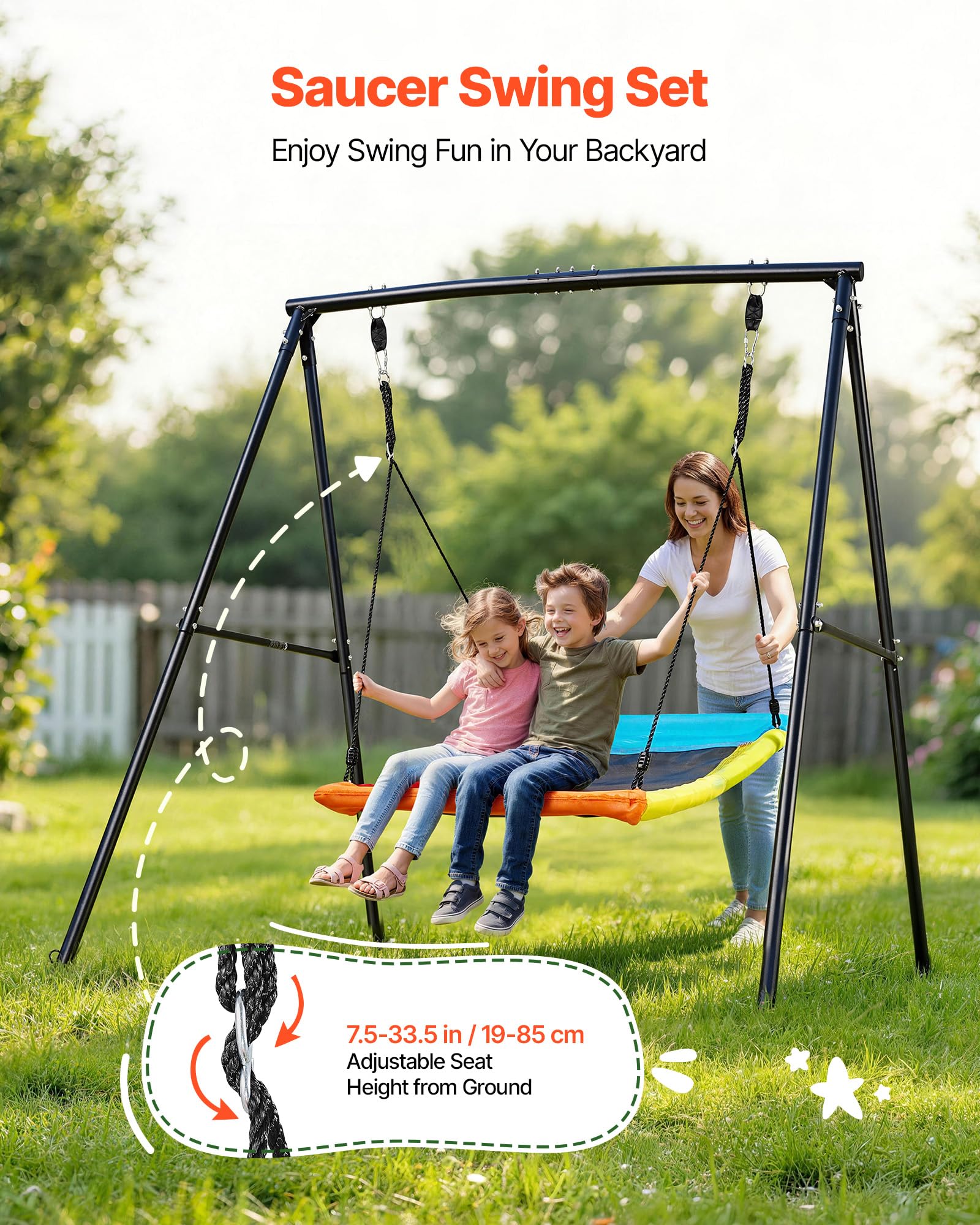 VEVOR Altalena da Giardino Telaio in Metallo a Forma di A per Bambini da Giardino Carico max 199,6 kg, Altalena Seduta 150 x 81 cm da Esterno Cortile Parco Gioco Struttura Triangolare per Bambini