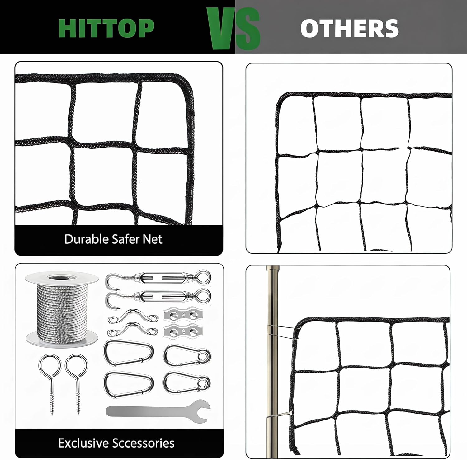 Baseball Softball Backstop Nets,Sports Net with 33ft Rope or Steel Hanging Kit, Nylon Nets Also for Basketball Soccer Lacrosse Hockey.