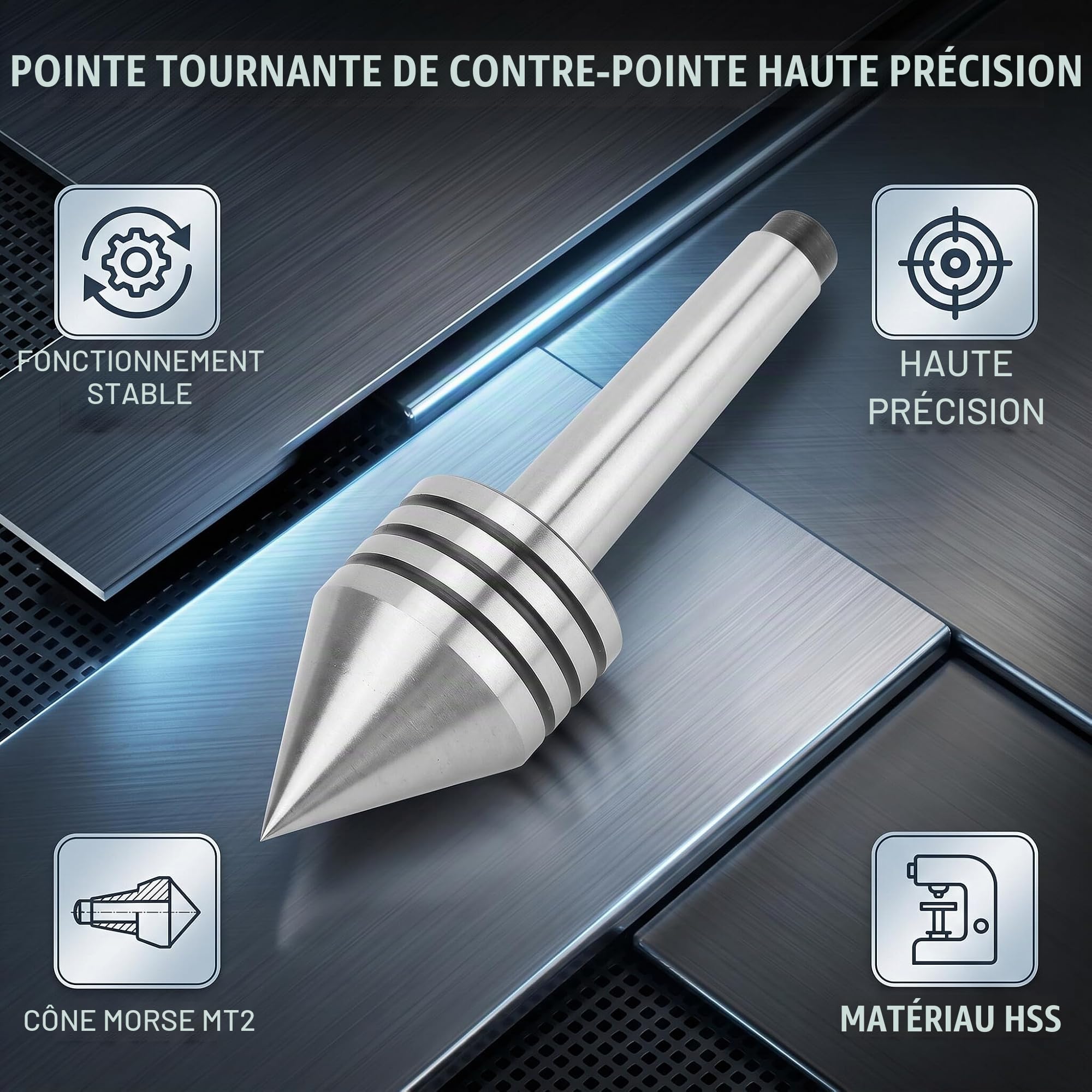 Contre-pointe Tournante Conique HSS 60 Degrés MT2 - Accessoire de Tournage sur Bois et Métal pour Tour CNC