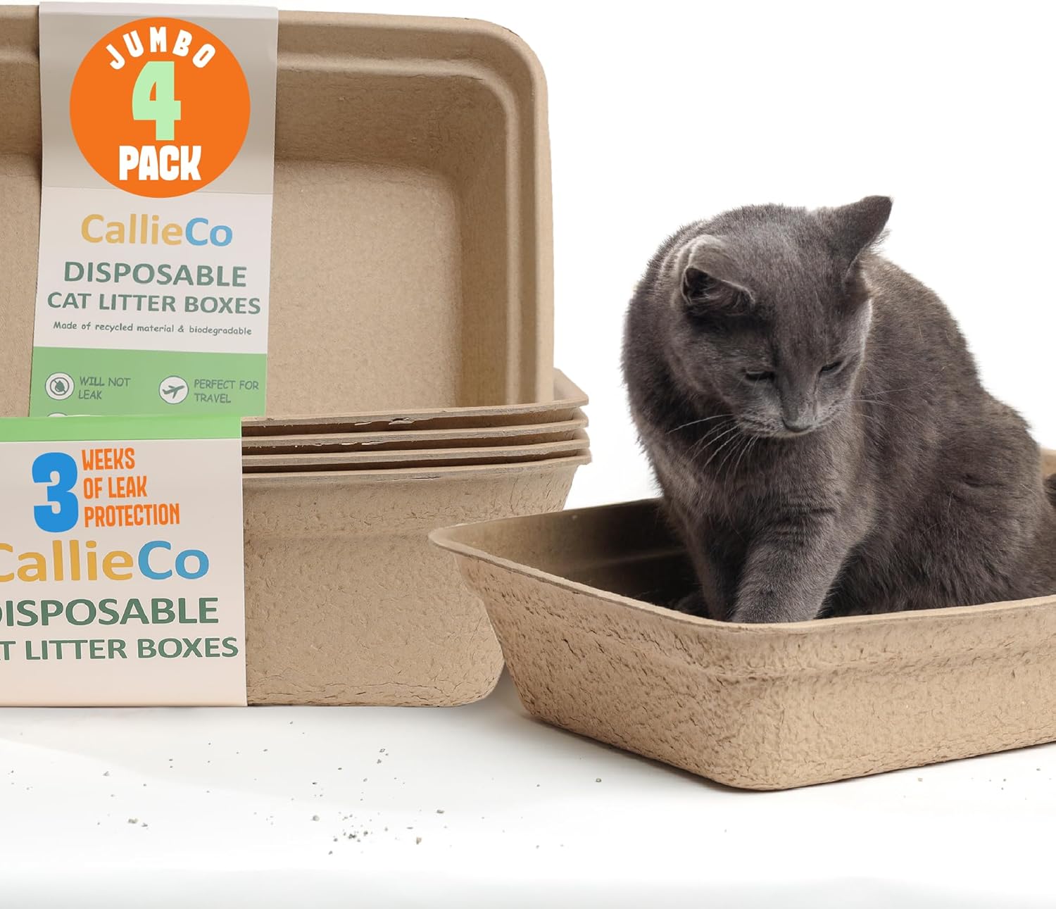 CallieCo Disposable Cat Litter Boxes - Portable Biodegradable Travel Litter Box for Cats, Sturdy and Durable Kitty Poo Box, Leak-Resistant Cat Tray Liners, Easy-Grip Rim, Jumbo - 4 Pack