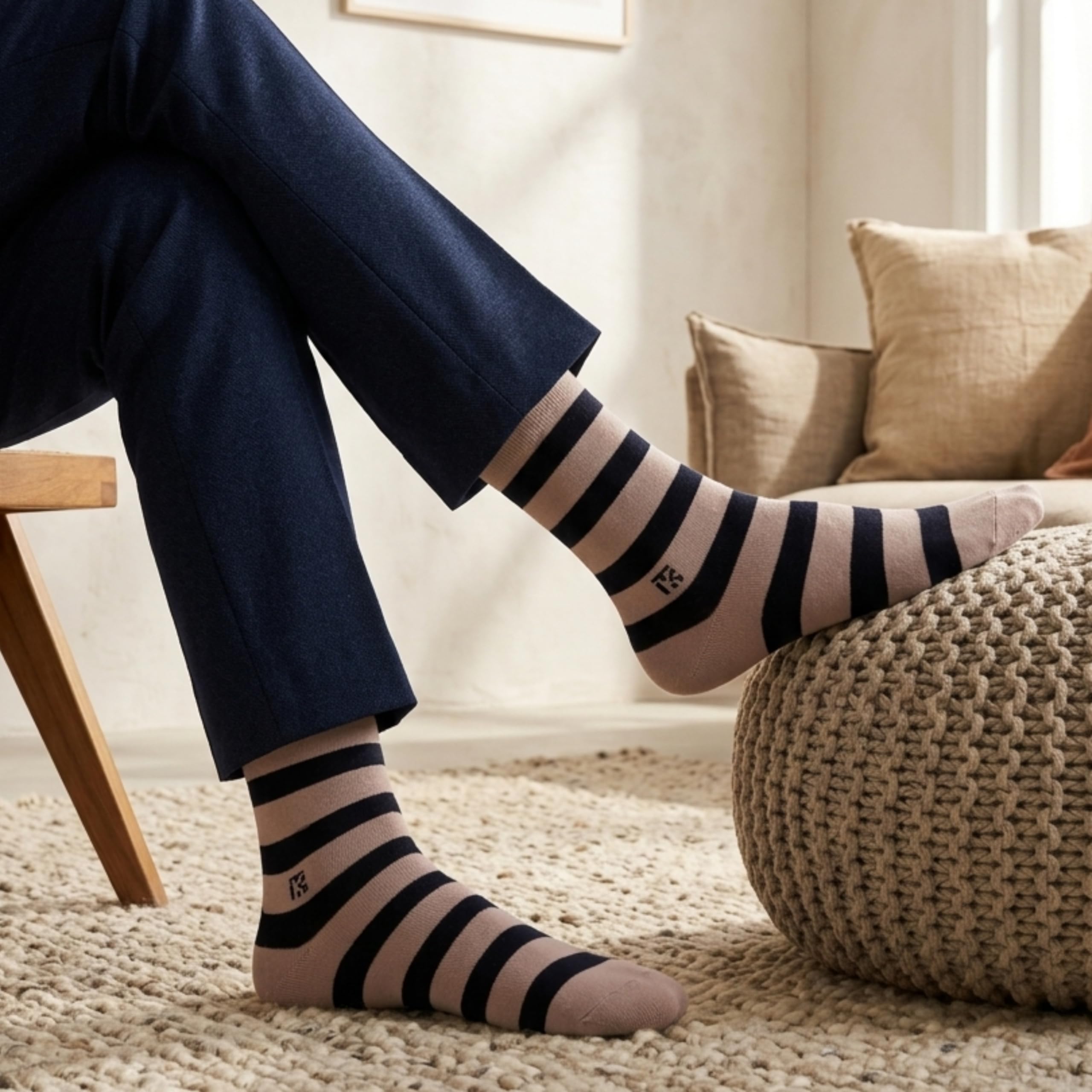 KIKITOES Bamboo Crew Socks for Men, Anti-Odour Moisture Wicking Breathable Seamless Toe, Stay-Up Formal Office Dress & Casual Socks, Free Size UK 6-11, Pack of 1, Beige with Navy Blue Stripes 2