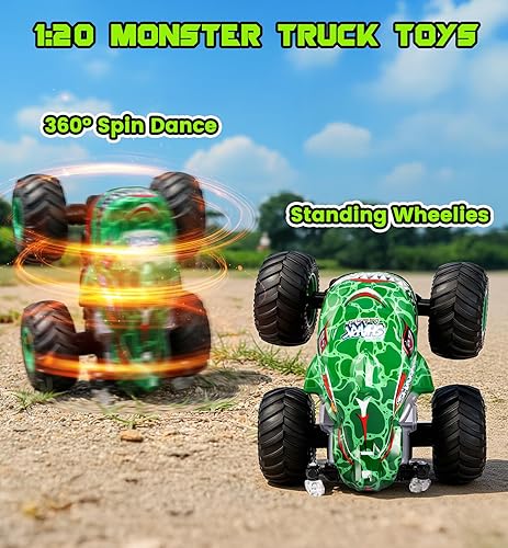 Miniatura 3 de Camión monstruo de juguete 120 para niños, auto de control remoto todo terreno de 2.4 GHz con luz y música, autos RC con giros de 360 y maniobras de