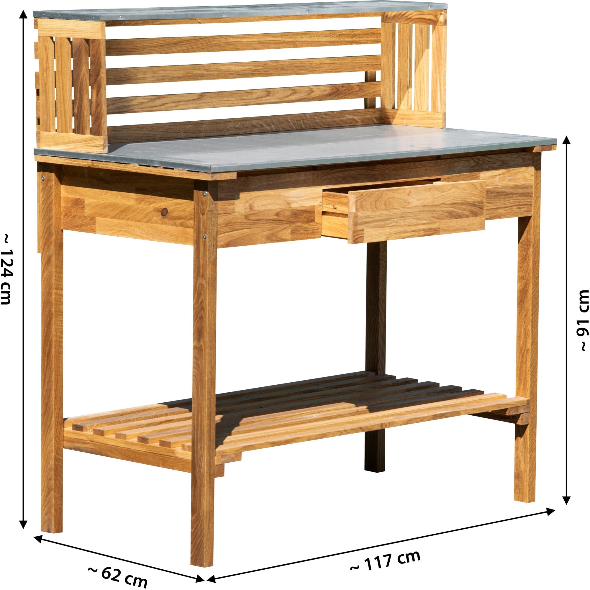 dobar® 29140FSCe XXL Premium Pflanztisch aus robustem Eichenholz | Gärtnertisch mit verzinkter Arbeitsfläche und Ablage | Wetterfester Outdoor Umtopftisch | 117 x 62 x 124 cm | Natur
