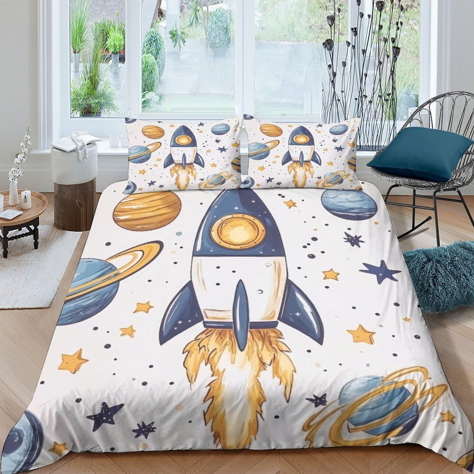 GPLZQXKJNH 3D Printed Rocket Planet Duvet Cover Microfiber Soft Space Universe Bedding Set with 2 Pillowcases for Bedroom Home Single（135x200cm）