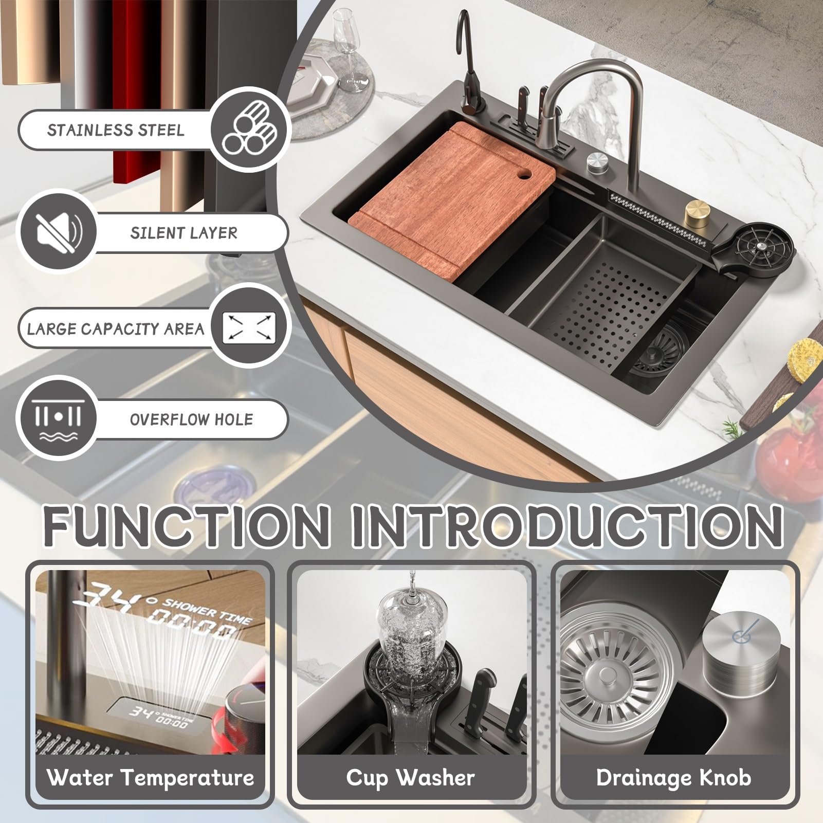 80X45cm Wasserfall spüle, Multifunktionale Spülbecken Schwarz, 1 Becken Spüle Küche Edelstahl Rechteck mit Zubehör wie Abflusskörbe, Siphon, Über- und Ablauf-Set