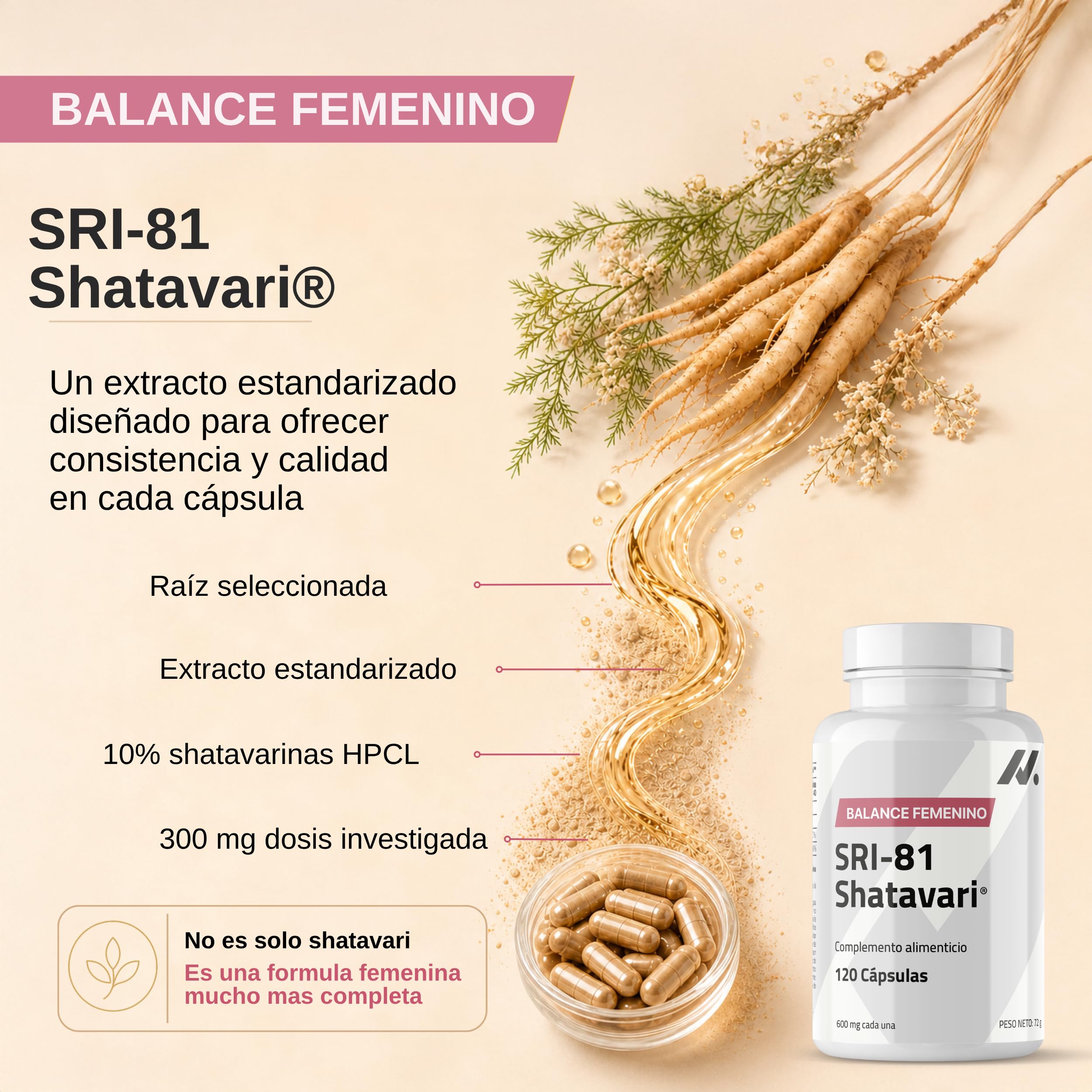 Shatavari SRI-81 Mujer | Equilibrio y Vitalidad Femenina en Cada Ciclo | Con Vitamina B6 y Zinc | Extracto Estandarizado >10% Shatavarinas HPLC | Vegano Sin Gluten o Lactosa | Nyvos 120 Cápsulas