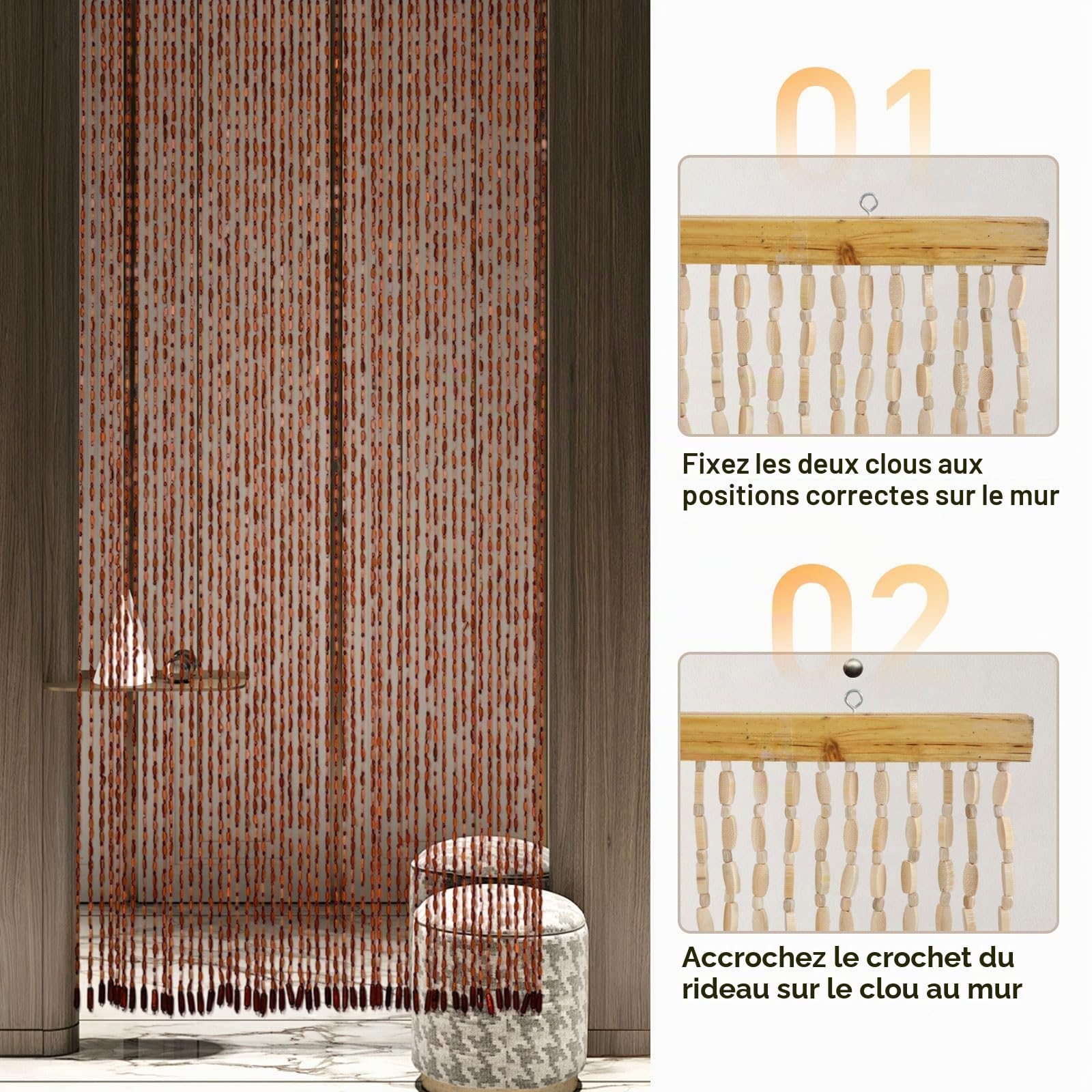 Rideau de porte en perles de balcon, 90 x 200 cm, style bambou, avec 52 brins, moustiquaire en perles en bois, pour balcon, chambre à coucher, camping, rideau de porte décoratif fabriqué à la