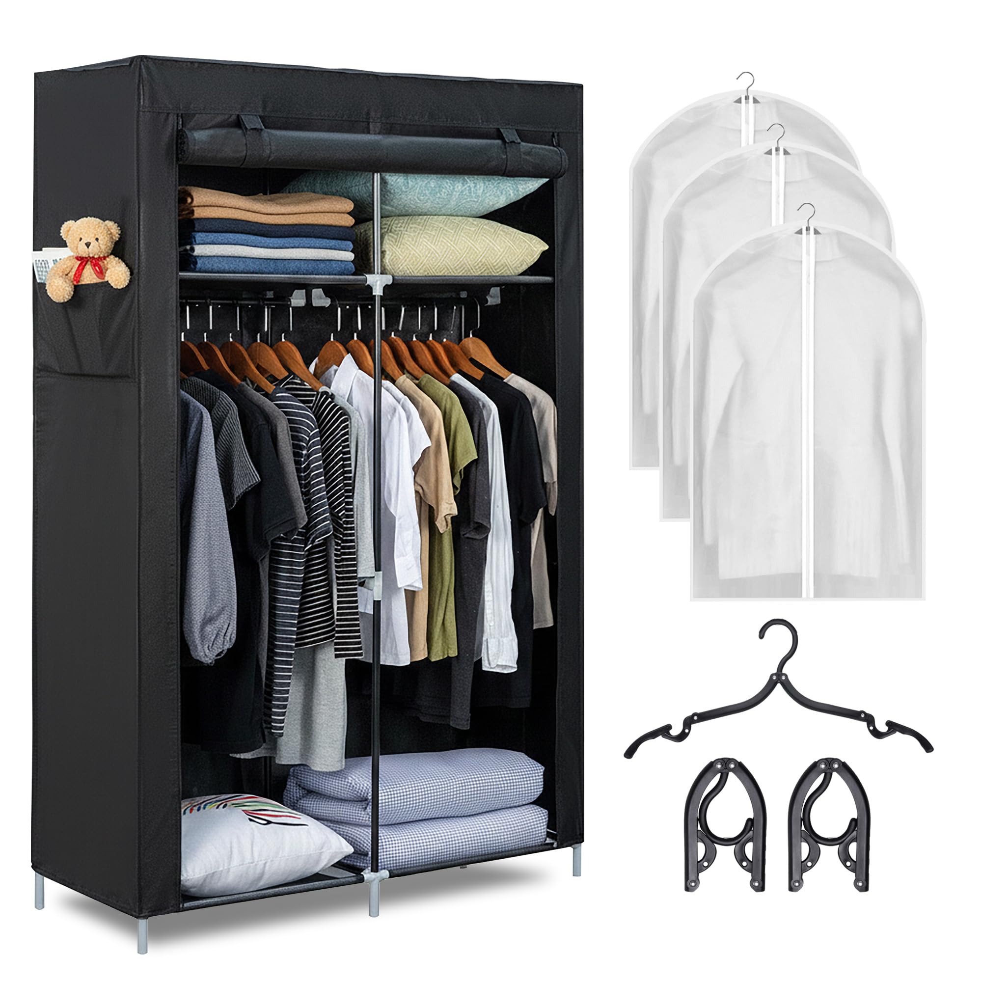 Armario de tela105x45x165cm con 2 Barras para Colgar, 4 estantes, 3 Perchas Plegables y 3 Fundas, Armario ropero Tipo Burro Ropa Resistente - Closet Organizador