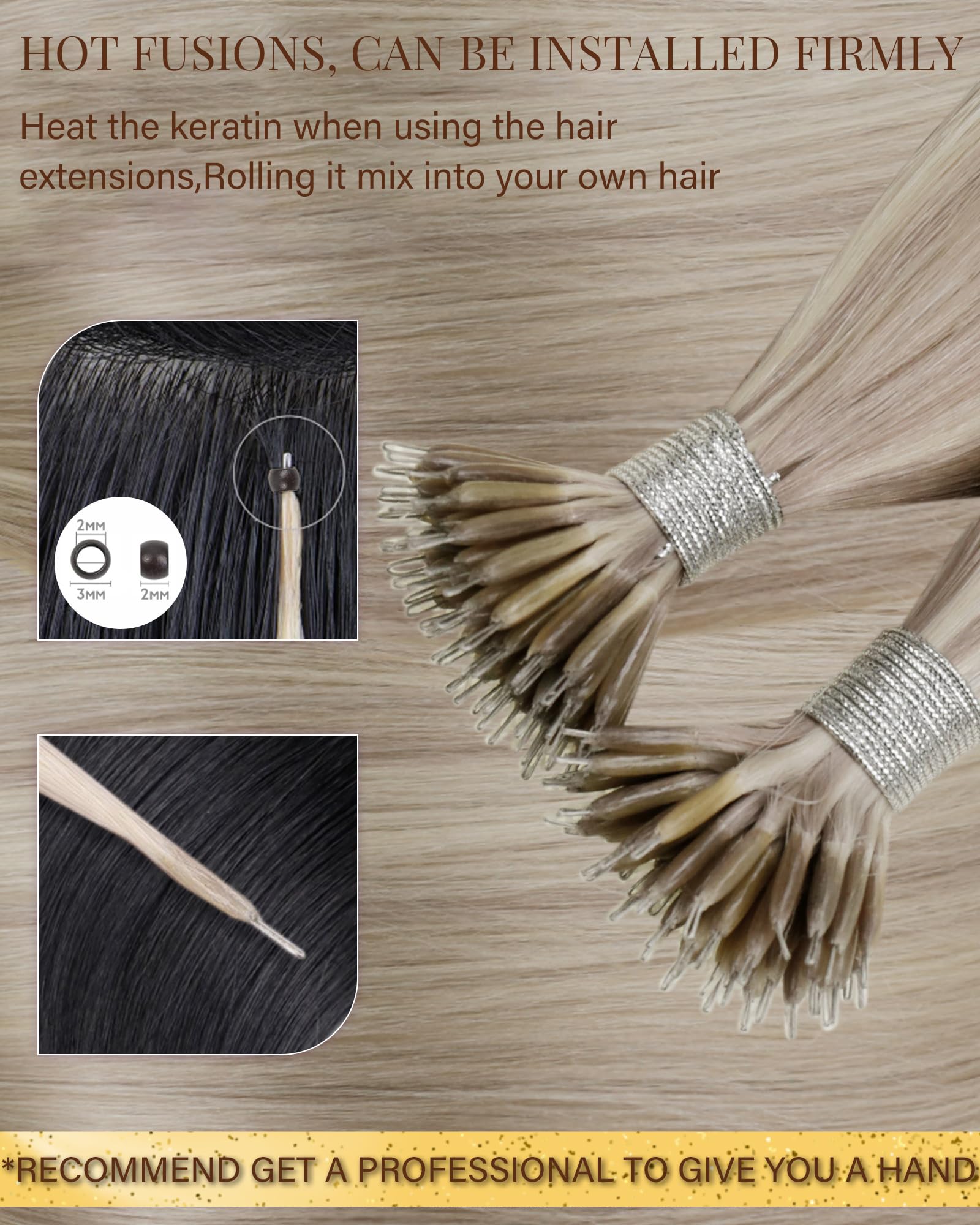 Hetto Nano Hair Extensions Real Human Hair Ash Blonde Highlights 18 Inch, Blonde Nano Beads Hair Extension - Image 2