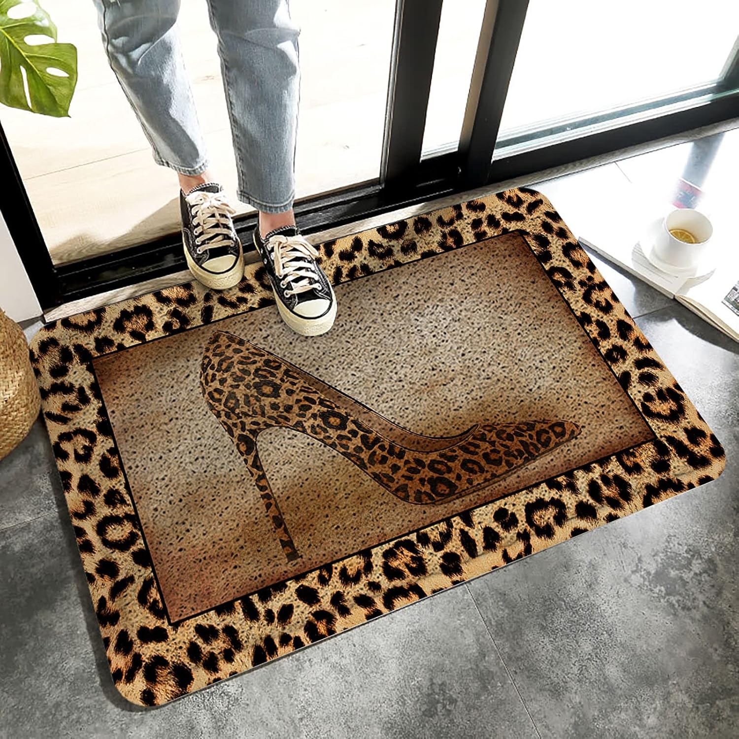 Door Mat for Outdoor Indoor Leopard Print Sexy Female High Heels,Entryway