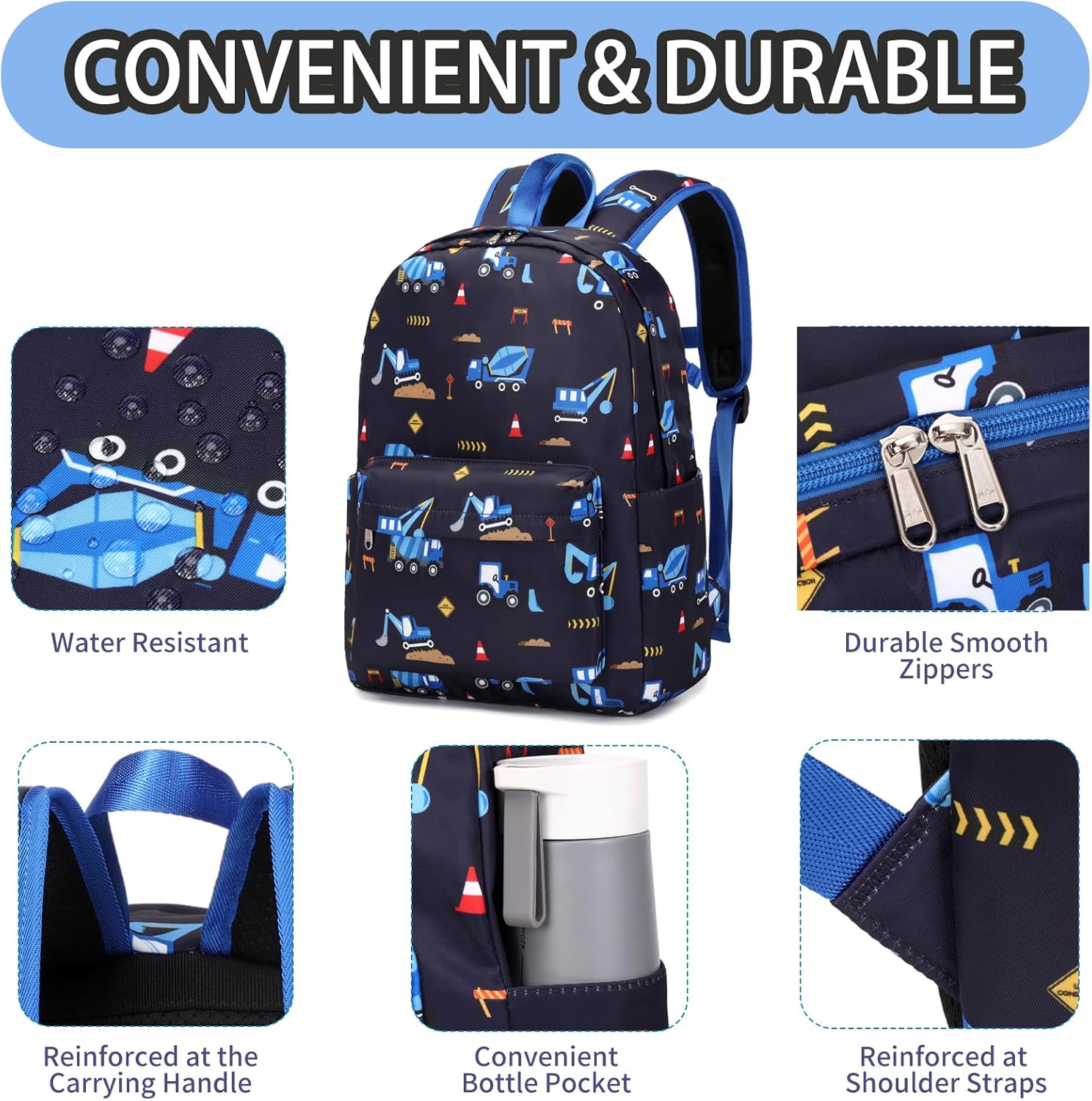 Excavator Backpak for Boys Preschool Backpack Toddler Boy Tractor Bookbag Small Chest Strap, Children Preschool Kindergarten Backpack, Navy Excavator - Image 4