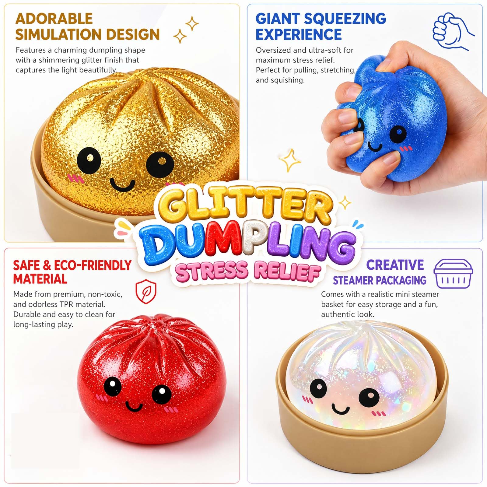 4 Stück Dumpling Squishy Mystery, Glitter Dumpling Squishy Mystery | Glitter Dumpling Squishy Mystery für Anti Stress Spielzeug, Dumplings Squishys XXL Mit Freunden