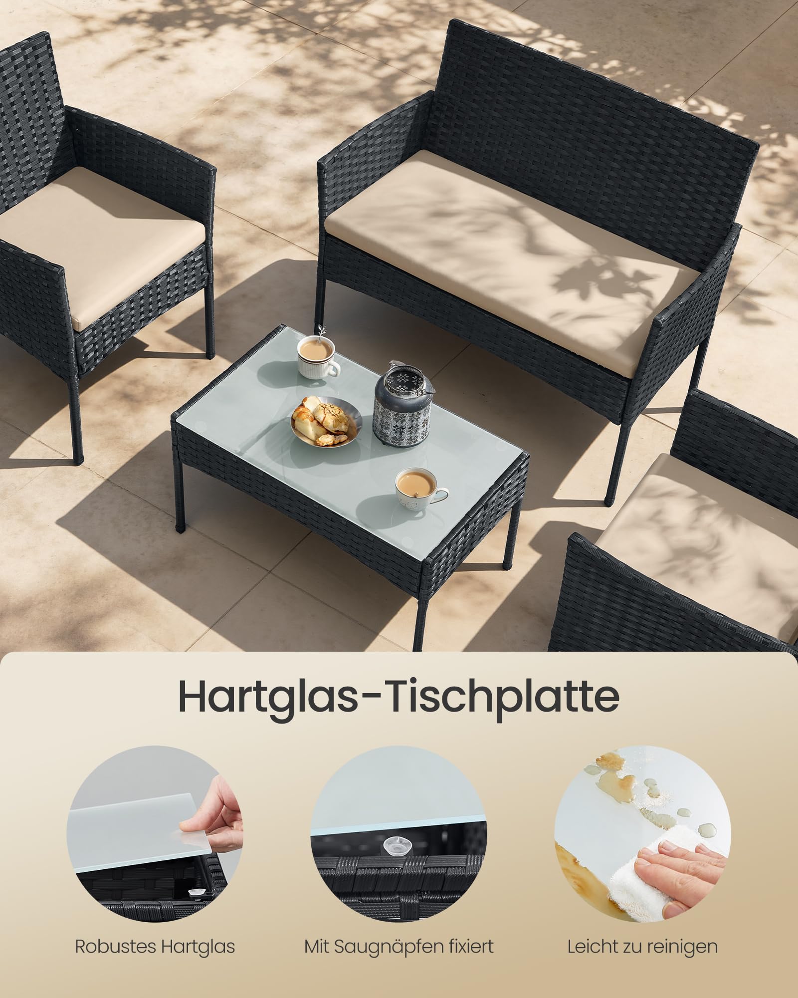 SONGMICS Balkonmöbel, Gartenmöbel-Set, aus PE-Polyrattan, Lounge-Set, Terrassenmöbel, Outdoor, für Terrasse, Balkon, Garten, schwarz-Taupe GGF004B05