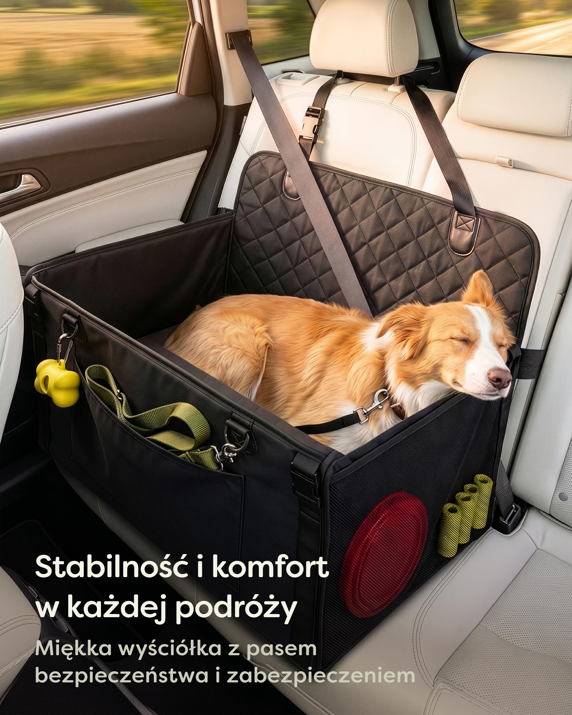 Knupis Wyjątkowo Stabilny Fotelik Samochodowy dla Dużego Psa – Wodoodporny i Odporny na Zarysowania z 5 Kieszeniami – 4 Pasy Mocujące i Przypinana Smycz – Wzmocnione Ścianki z Antypoślizgowym Spodem | Z 5 kieszeniami – 4 pasy mocujące i smycz – wzmocnione