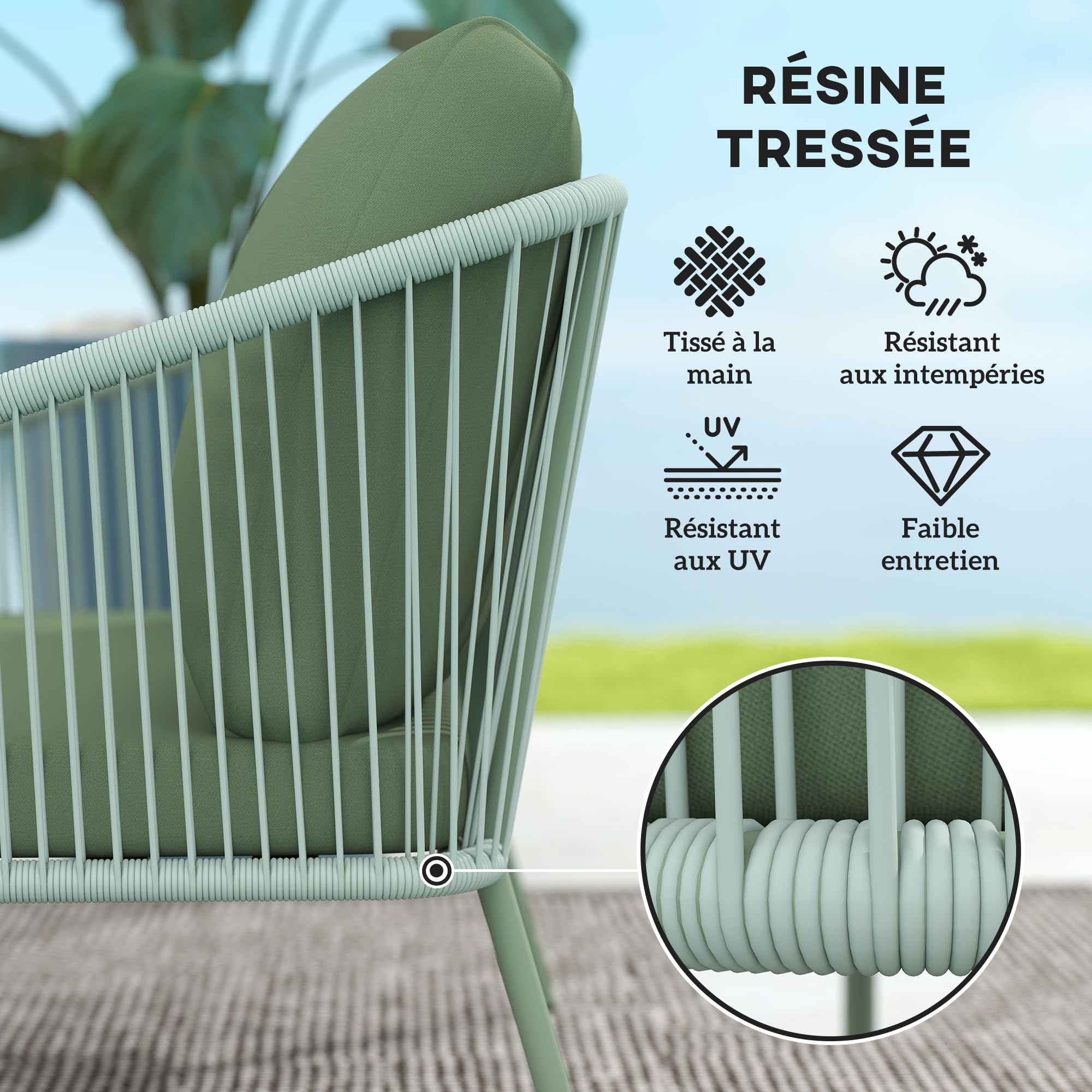 Outsunny Canapé de Jardin 2 Places Résine Tressée Coussins Accoudoirs Cadre Acier Vert