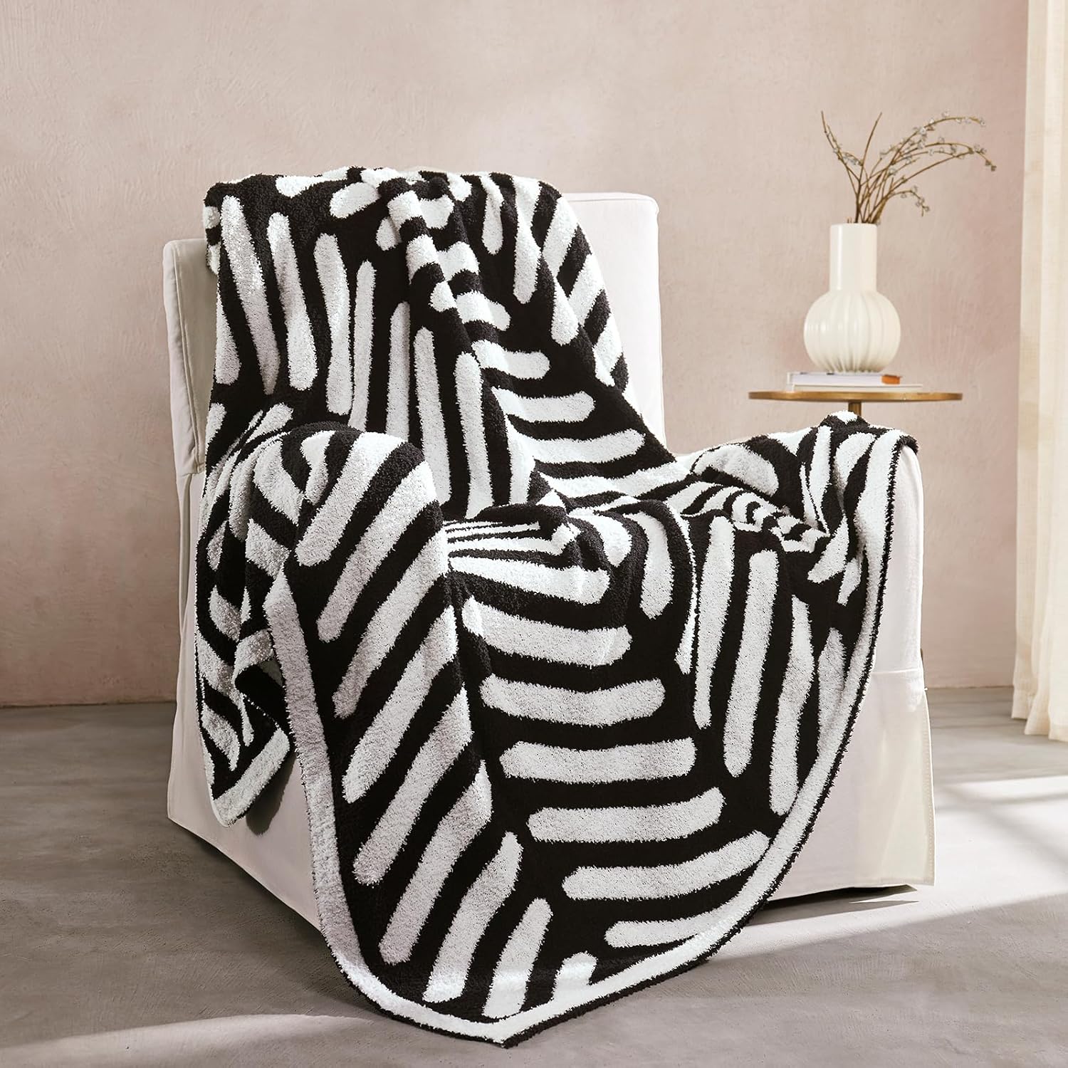 Throw Blanket, Soft Cozy Fluffy Striped Throw Blankets for Couch, Sofa, Bed, Chair, Warm Fuzzy Plush Lightweight Decorative Stripe Blanket, Black White, 50×60 inches