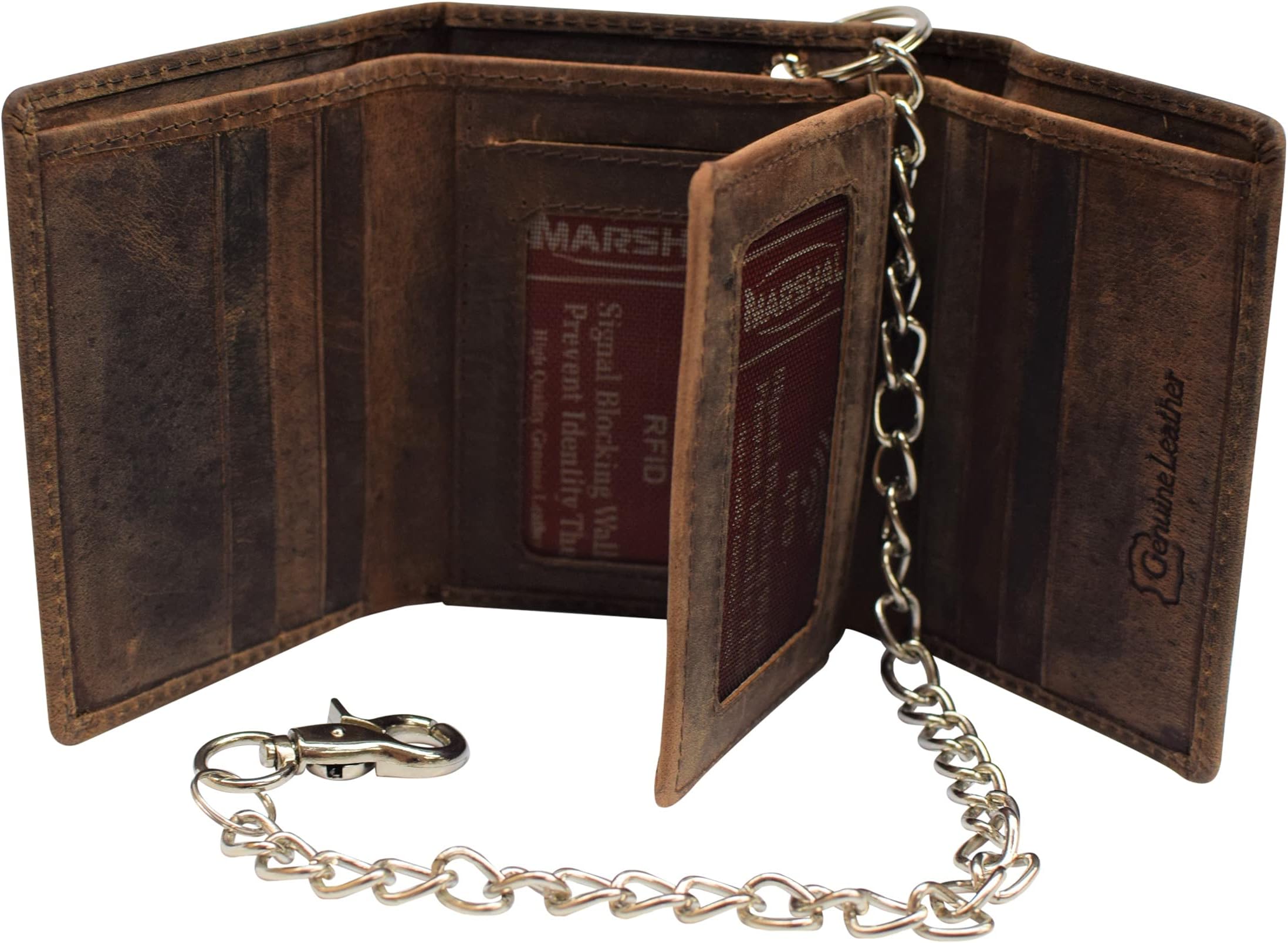 RFID Blocking Mens Chain Biker Vintage Genuine Leather Classic Trifold Wallet (Brown with Chain)