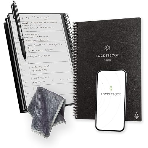 Rocketbook Fusion Reusable Undated Productivity Planner, Executive Size 6x8.8, Black - Goals, Monthly and Weekly Calendar, Daily To-do List, Lined and Dotted Notes Pages