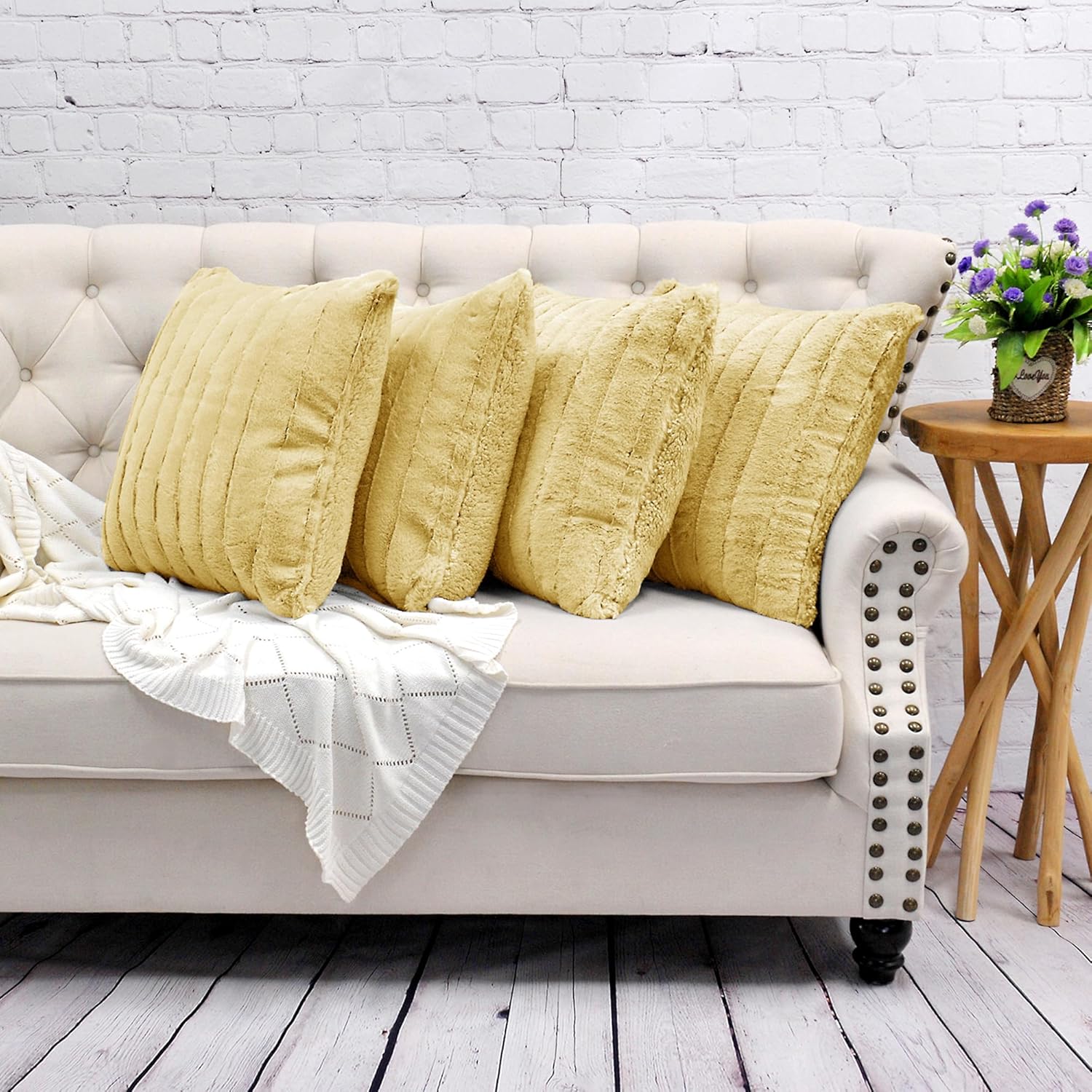 Striped Double Sided Faux Fur Decorative Square Throw Pillow Covers 20 x 20 Inches Set of 4, Plush Soft Luxury Cushion Case Pillowcase for Couch Bed Bedroom Living Room, Yellow