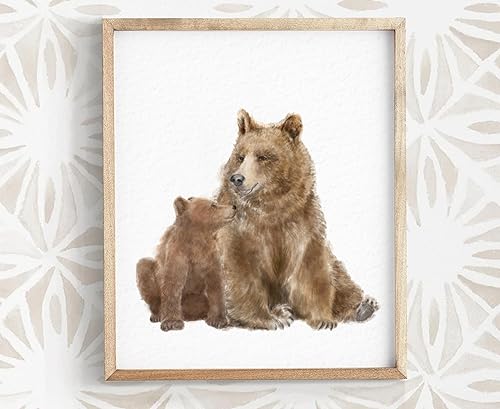 Bear Mom and Baby Art Print, Boho Wall Decor, Forest Animals, Nursery Minimalist Newborn Baby Room, Earth Tone Monochromatic, UNFRAMED, Signed by
