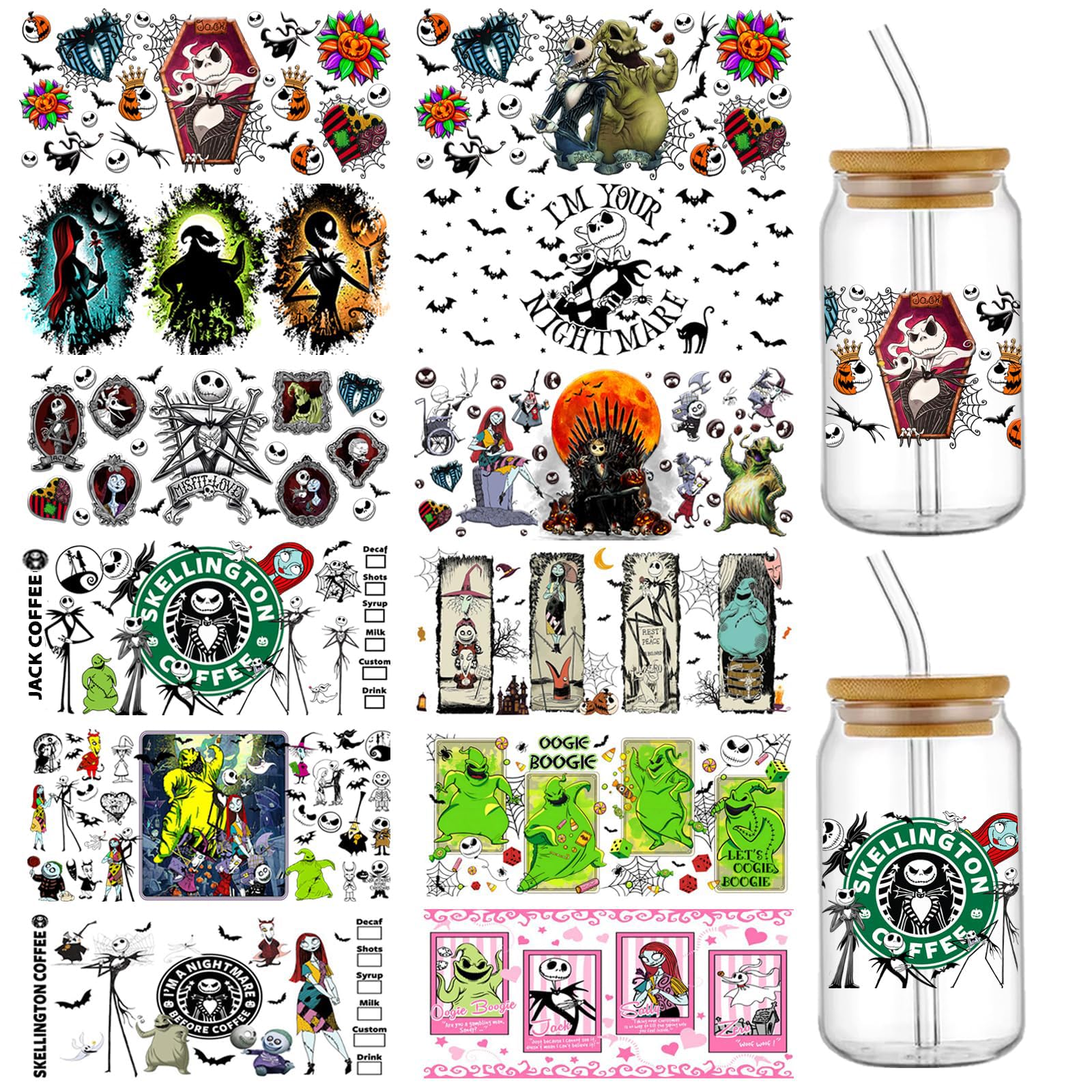 UV DTF Cup Wrap Transfer Stickers for Glass,12 Sheet Halloween Nightmare Before Christmas Rub on Transfers Cup Stickers for Crafts Green Master Cute Funny No Heat Needed Ready to Apply