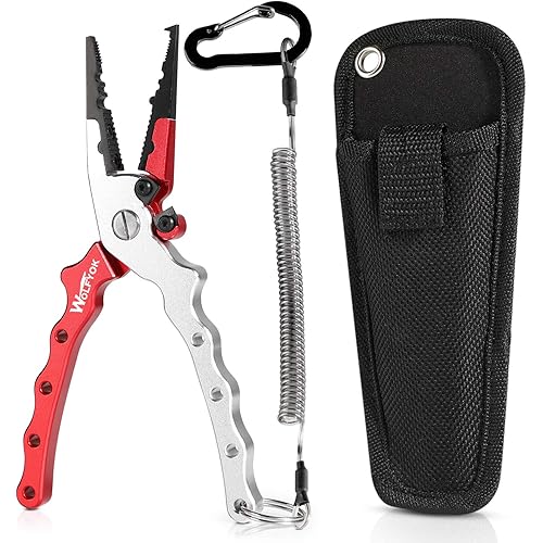 Bronze Times Aluminum Fishing Pliers Saltwater, Split Ring Pliers Fishing Hook Remover, Stainless Steel Fishing Line Cutters, Fishing Multitool with Sheath and Lanyard