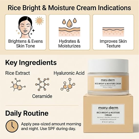 Maruderm Pirinç Özlü Aydınlatıcı & Nemlendirici Krem – Seramid & Hyaluronik Asit ile Pürüzsüz ve Parlak Görünüm İçin Yüz Kremi, 50 ML (3 paketi)