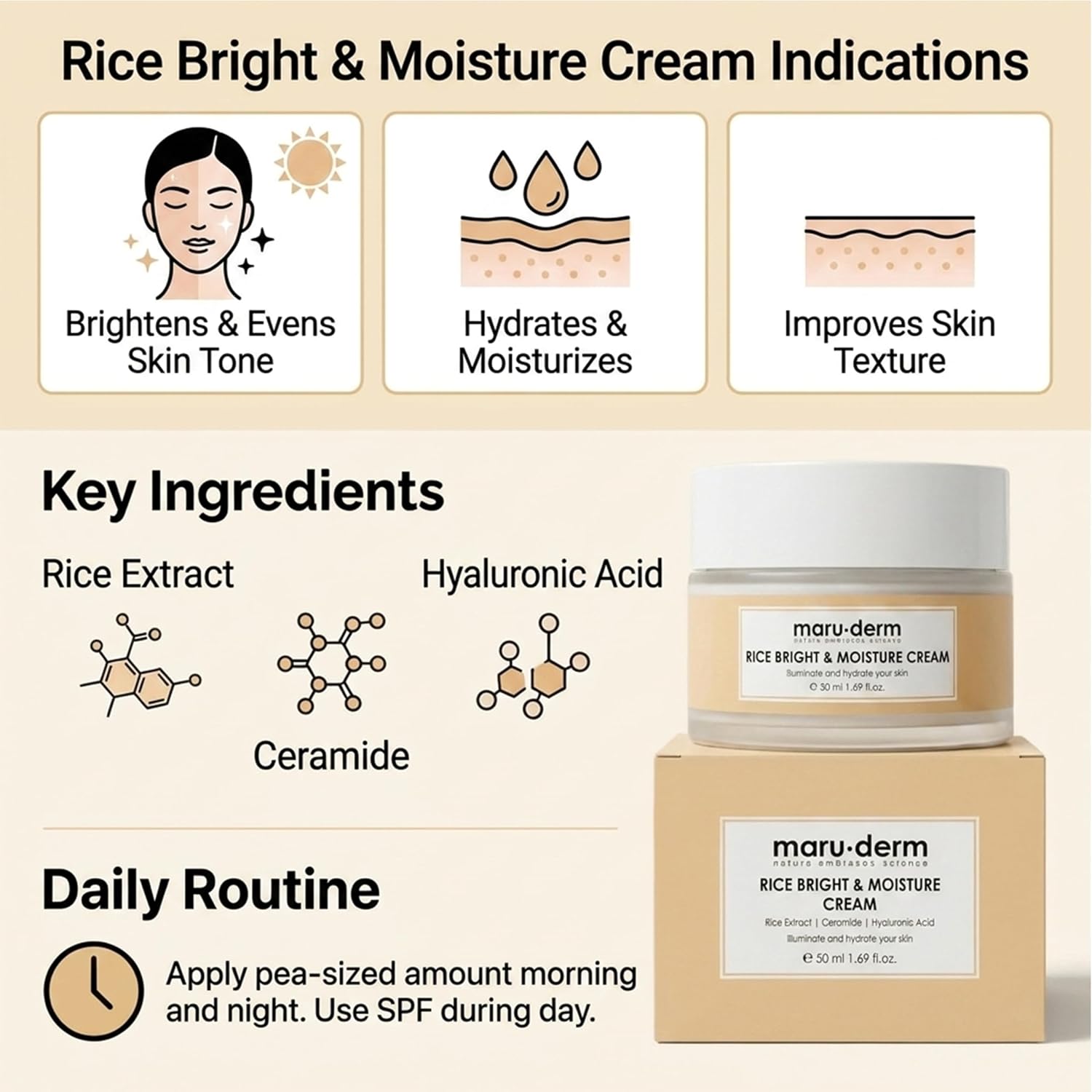 Maruderm Rice Moisturising & Glow Cream - Daily Face Care with Rice Extract | Nourishing & Brightening Face Cream for Radiant Skin, 50 ml (1.69 fl oz) image 2