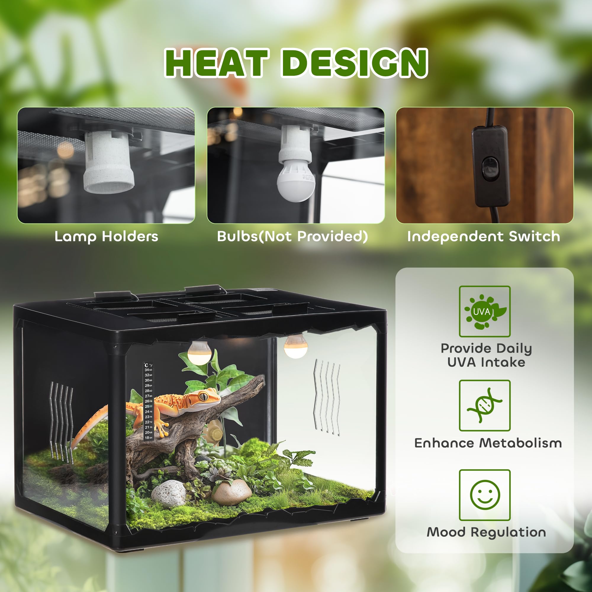 PawHut Terrarium für Landschildkröten, Chamäleon, Leguan, Gecko und Reptilien mit Thermometer 18-34℃, 60x40x40,5cm, Schwarz