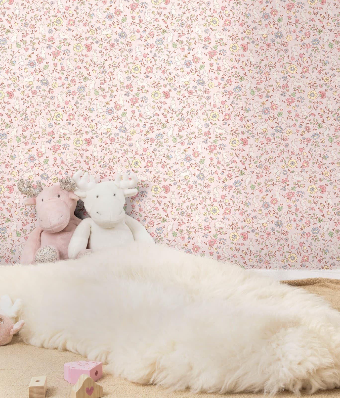Grandeco Pink Liberty Floral Bunny Trail Nursery Textured Wallpaper Js3105