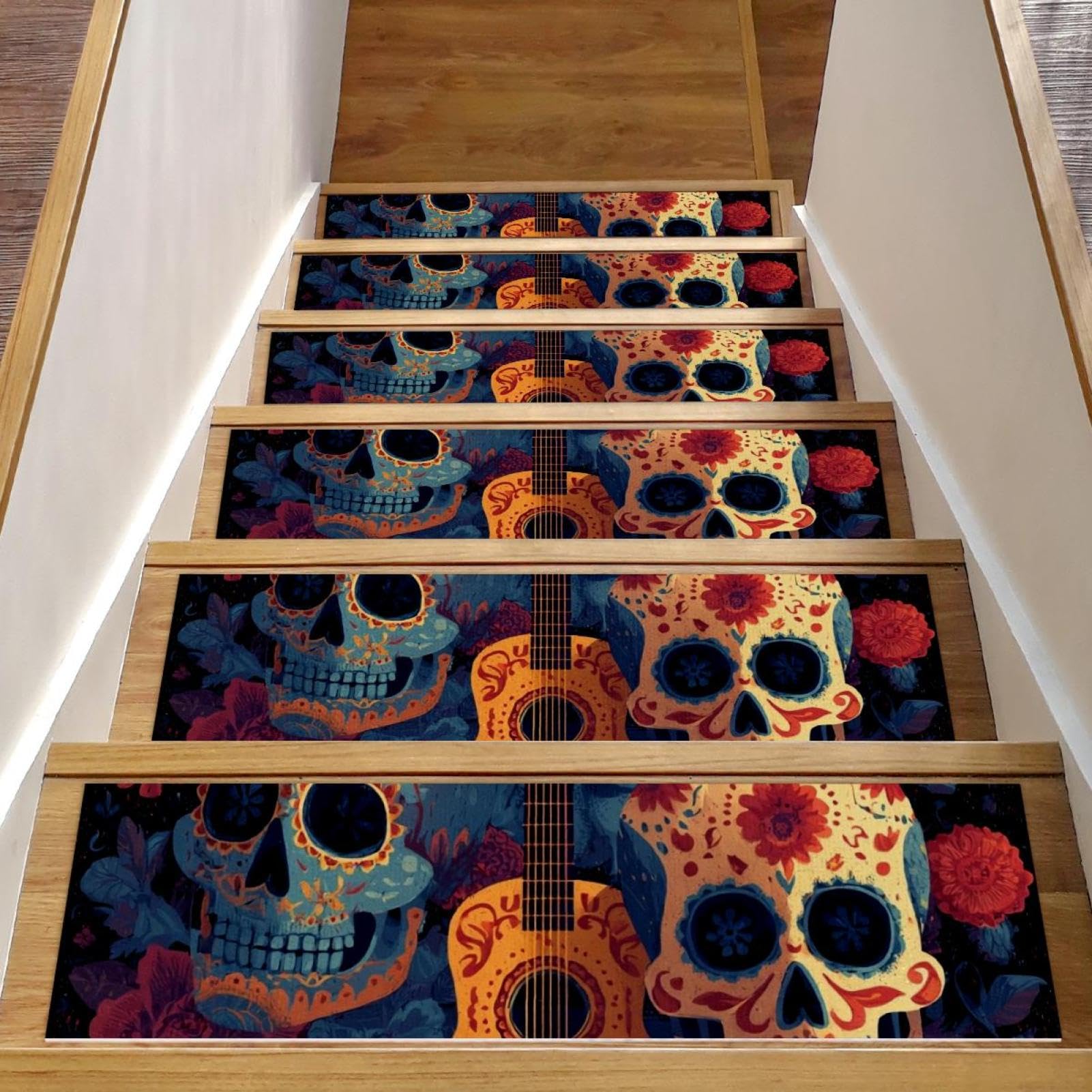 Tapis d'escalier antidérapants pour chiens et enfants, motif rock sur marches en bois