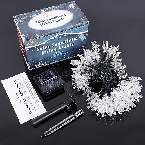 Miniatura 8 de Twinkle Star Guirnalda de luces solares con forma de copo de nieve, 100 luces LED de 33 pies para exteriores, 8 modos de iluminación y resistente al