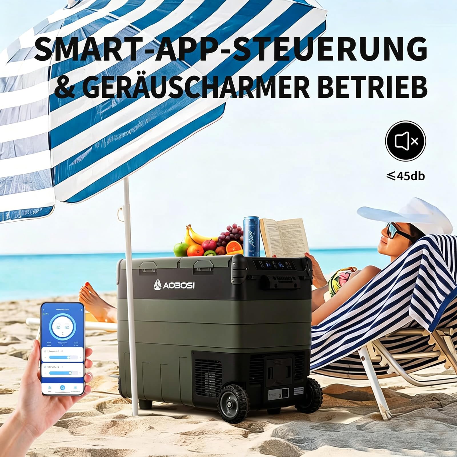 AAOBOSI 50L Kompressor Kühlbox, Dual Zone, Camping Kühlschrank mit APP | LED-Beleuchtung,12/24V und 100-240V, USB-Anschluss, -20°C bis 20°C,Kühlbox Kompressor für Auto, LKW, Boot, Camping und Reisen