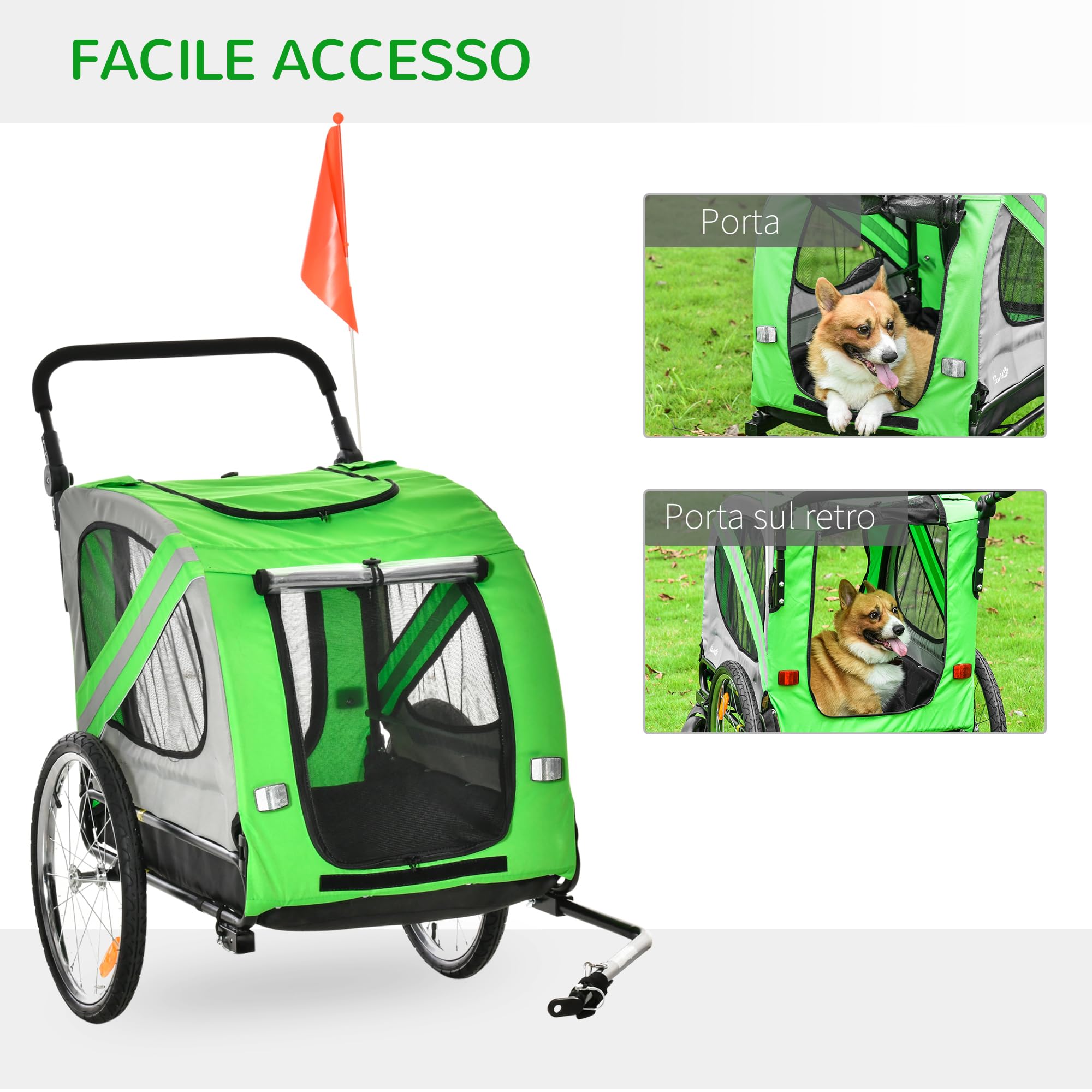 PawHut Rimorchio Bici e Passeggino per Cani 2 in 1, Carrello Bici in Acciaio e Tessuto Oxford con Catarifrangenti e Bandierina