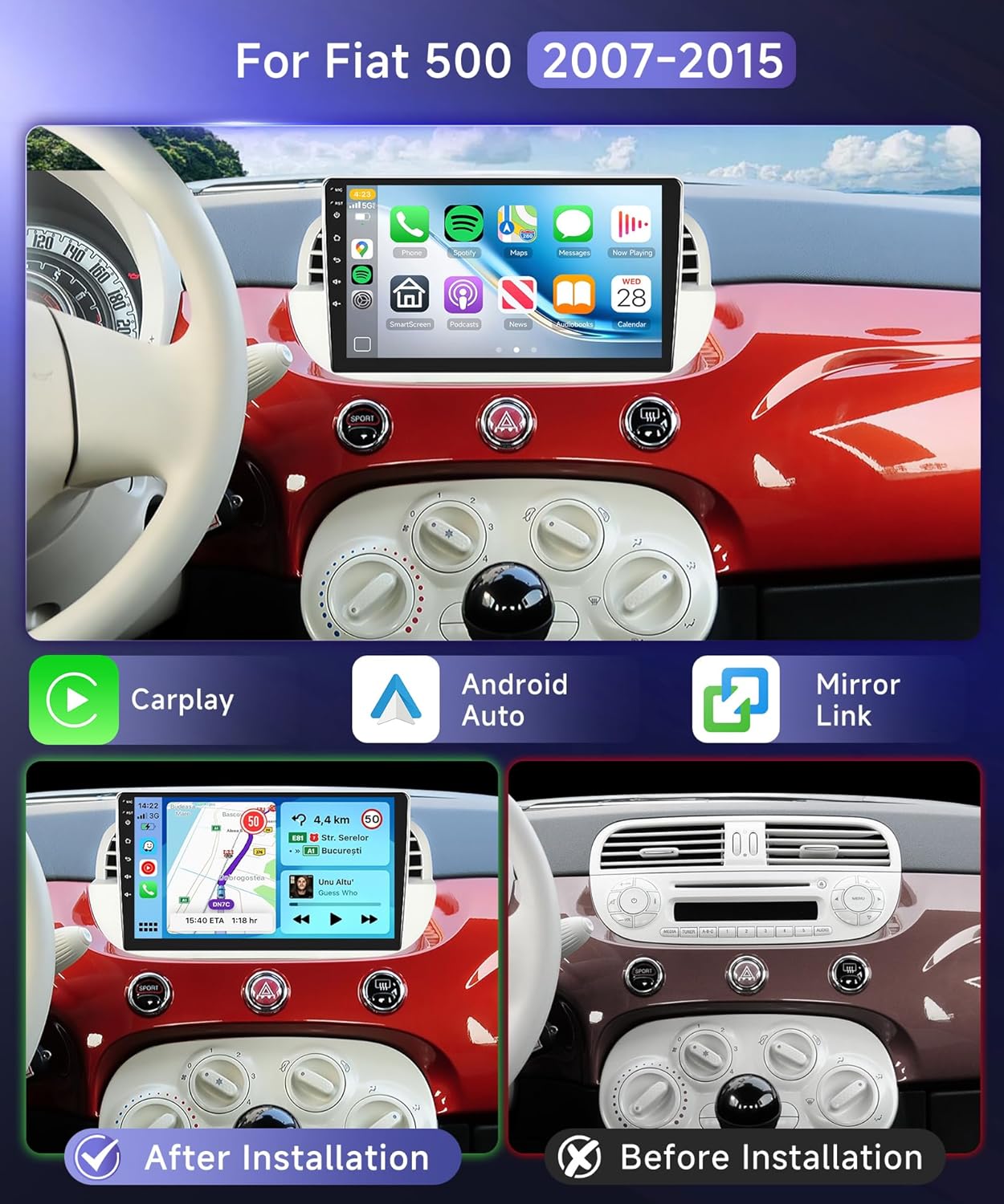 Image showing the MAHVEC Android 15 Car Stereo installed in a Fiat 500 dashboard, with a comparison of the dashboard before and after installation.