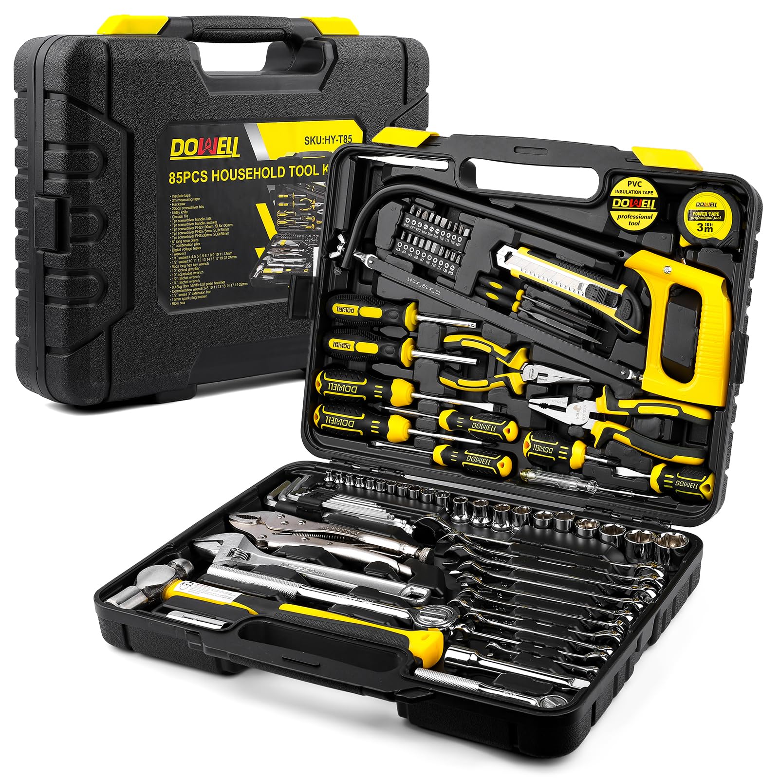 DOWELL Set di attrezzi da 85 pezzi, kit di attrezzi per meccanici automobilistici, completo per riparazioni auto, moto, motore e garage con prese, chiavi a cricchetto, pinze e altro ancora