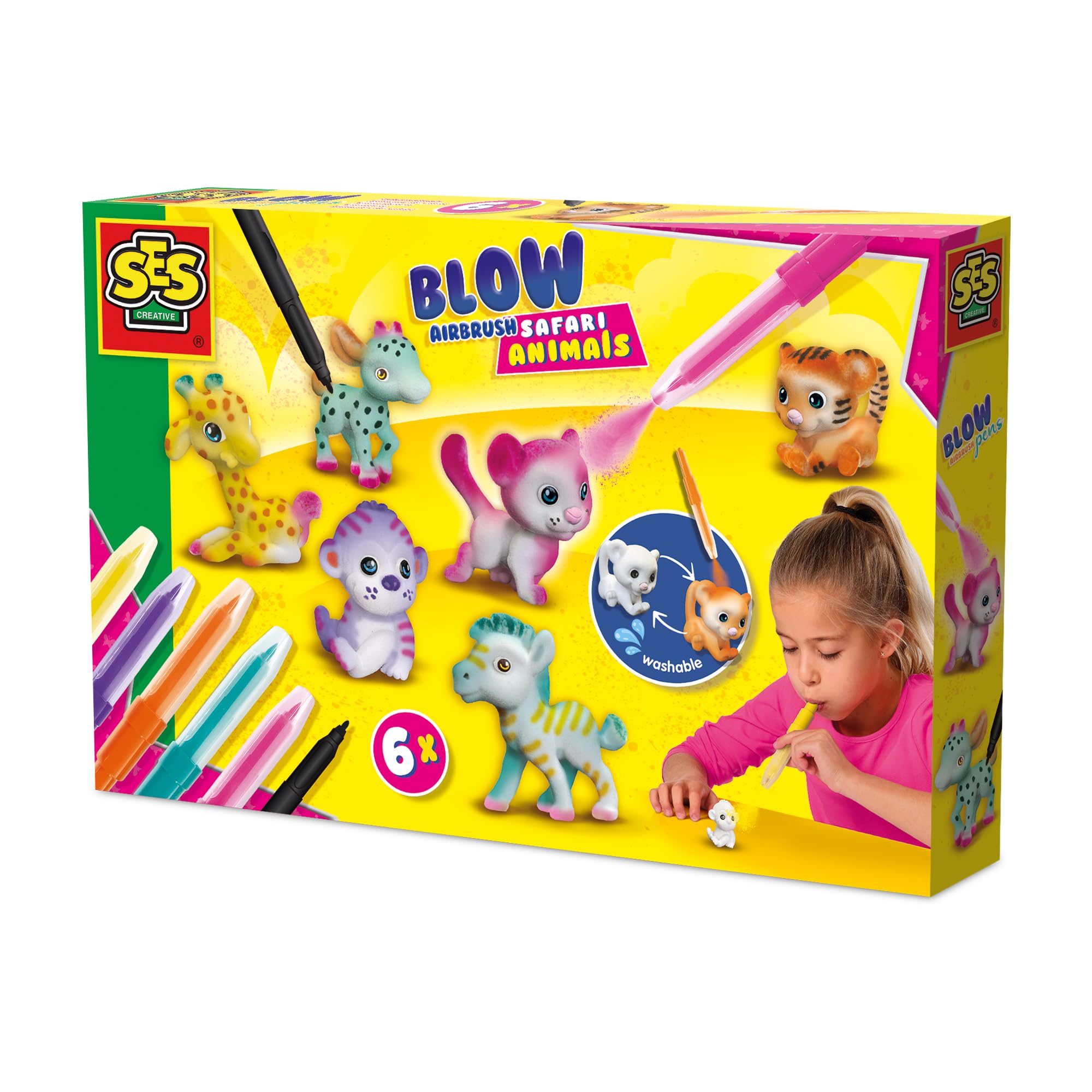 SES Creative 14335 Blow Airbrush Pens - Safari Animals 6X - Creative Craft Kit for Kids Aged 5+ - Decorate 6 Safari Animal Figures